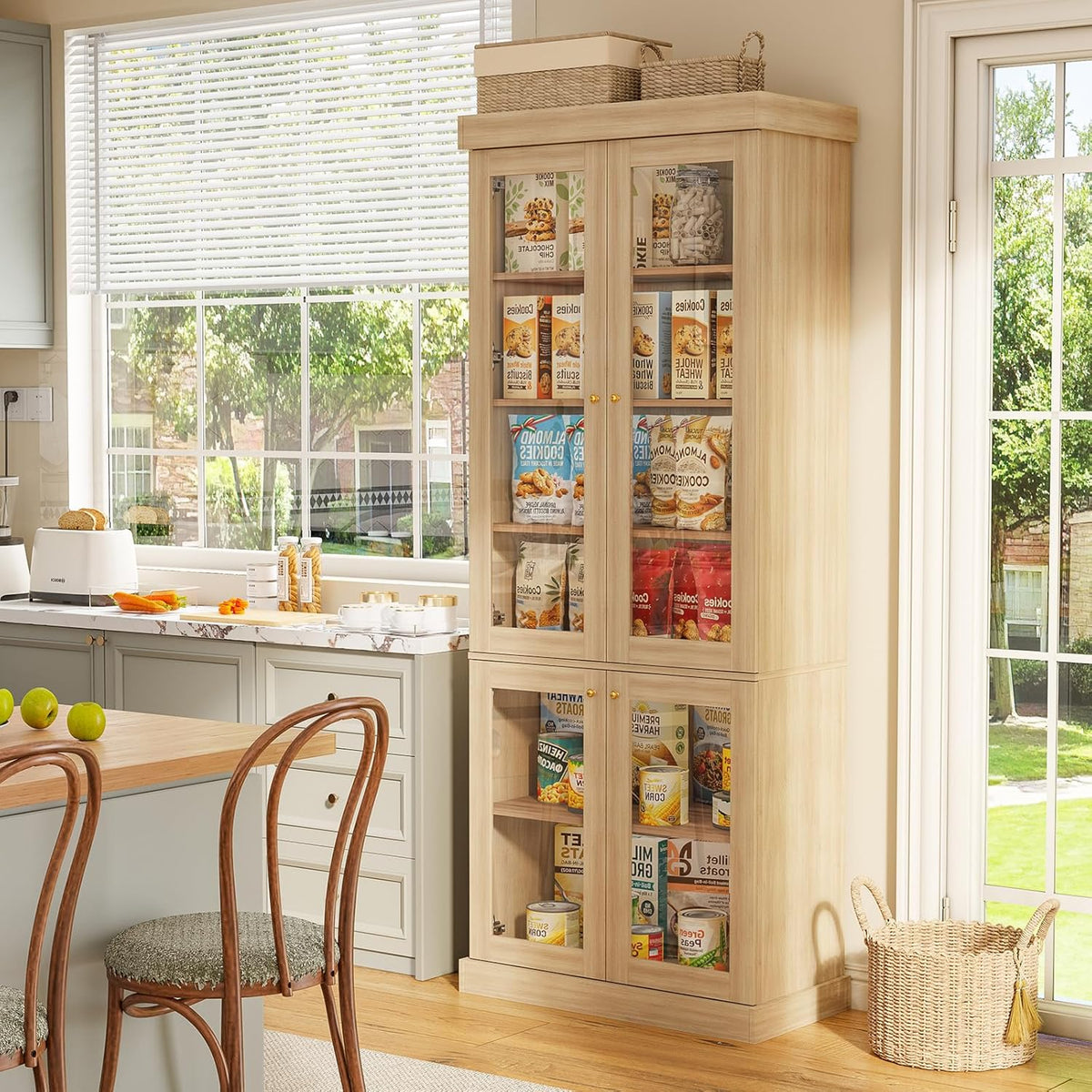 ivaniti 70.8" Tall Farmhouse Kitchen Pantry Cabinet with Glass Doors, Modular Storage Cabinet with 6-Tier Adjustable Shelves, Large Storage Cabinet for Kitchen or Living Room, Set of 3, Brown