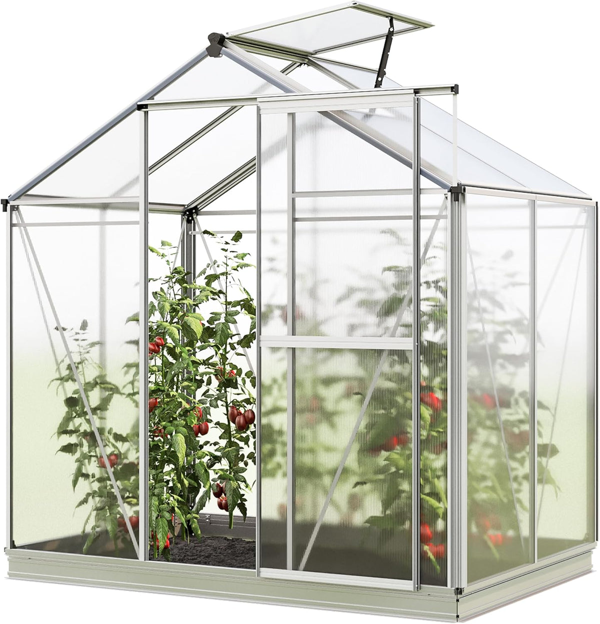 Greenhouse Jasmin 2 Aluminum Frame - 6.3 x 4.3 ft Approx. 6 mm Polycarbonate Panels - Bonus Base Frame and Automatic Vent Opener