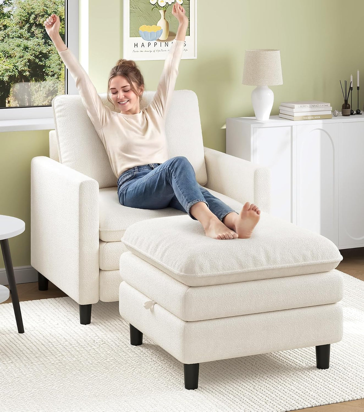 Welzona 3-Layers Cloud Accent Chair with Ottoman, 33" Teddy Reading Chair | Comfy Teddy Fabric, Washable Covers, Tool-Free Setup, All-wood Arm Chair and Ottoman Sets for Living Room, Bedroom, Beige