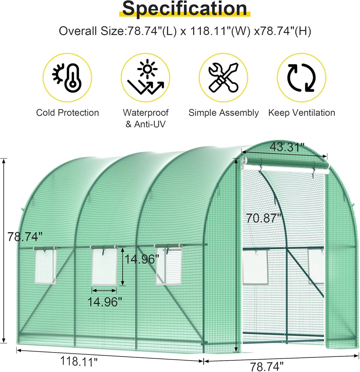 Greenhouse, 10’x7’x7’ Walk-in Greenhouse Heavy Duty Tunnel Green House with 6 Ventilated Mesh Windows & Zippered Roll-up Door, Large Plant Garden Hot House Outdoor with Reinforced Frame