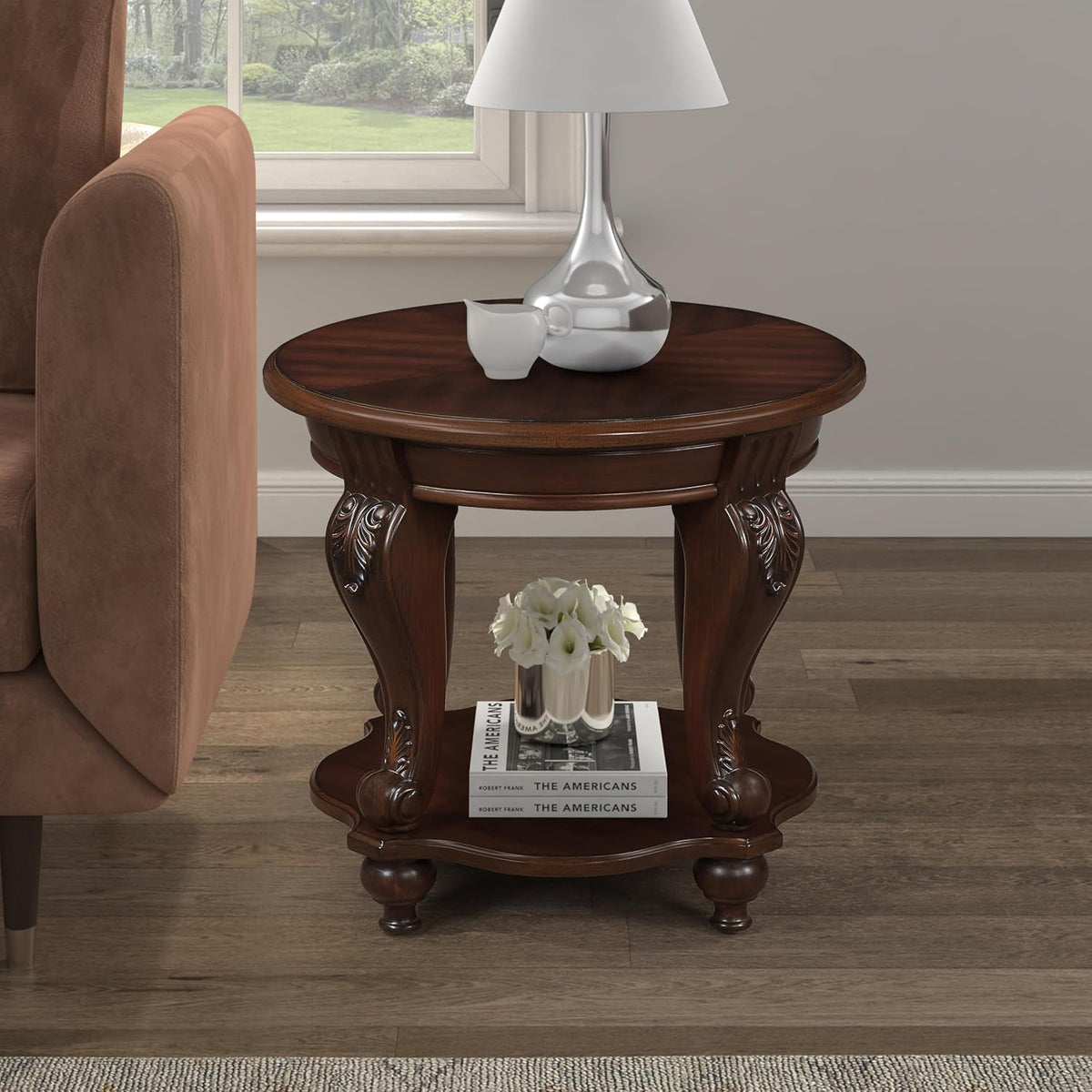 22'' Retro Round End Table,Solid Wood Sofa Side Table with Shelf,Living Room Corner Table Easy Assemble,Cherry