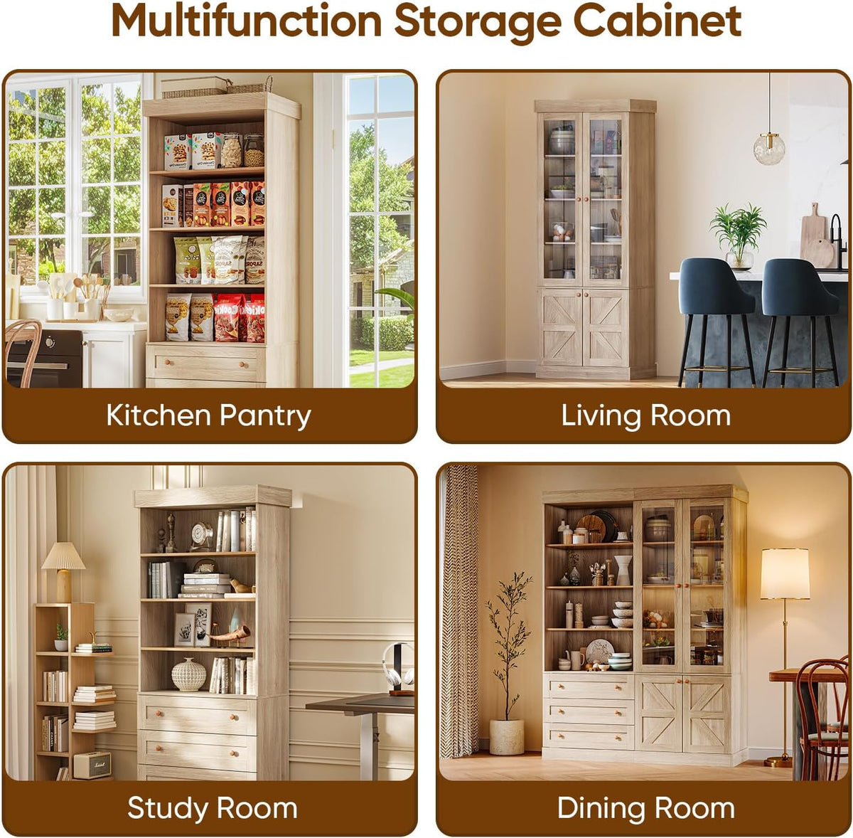 ivaniti 71" Tall Kitchen Pantry Cabinet, Rustic Farmhouse Storage Hutch with Glass Doors & Adjustable Shelves, Freestanding Wood Buffet Cabinet for Dining Room, Living Room, Brown (Set of 4)