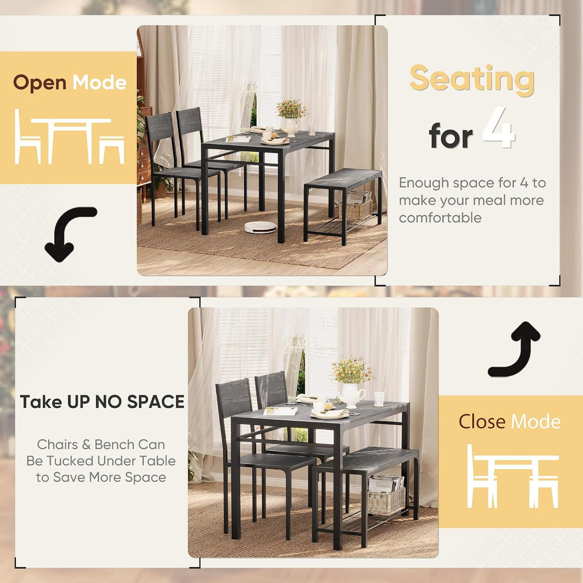 Shahoo Kitchen Table and 2 Chairs for 4 with Bench | 4 Piece Dining Sets for Small Space, Dark Grey