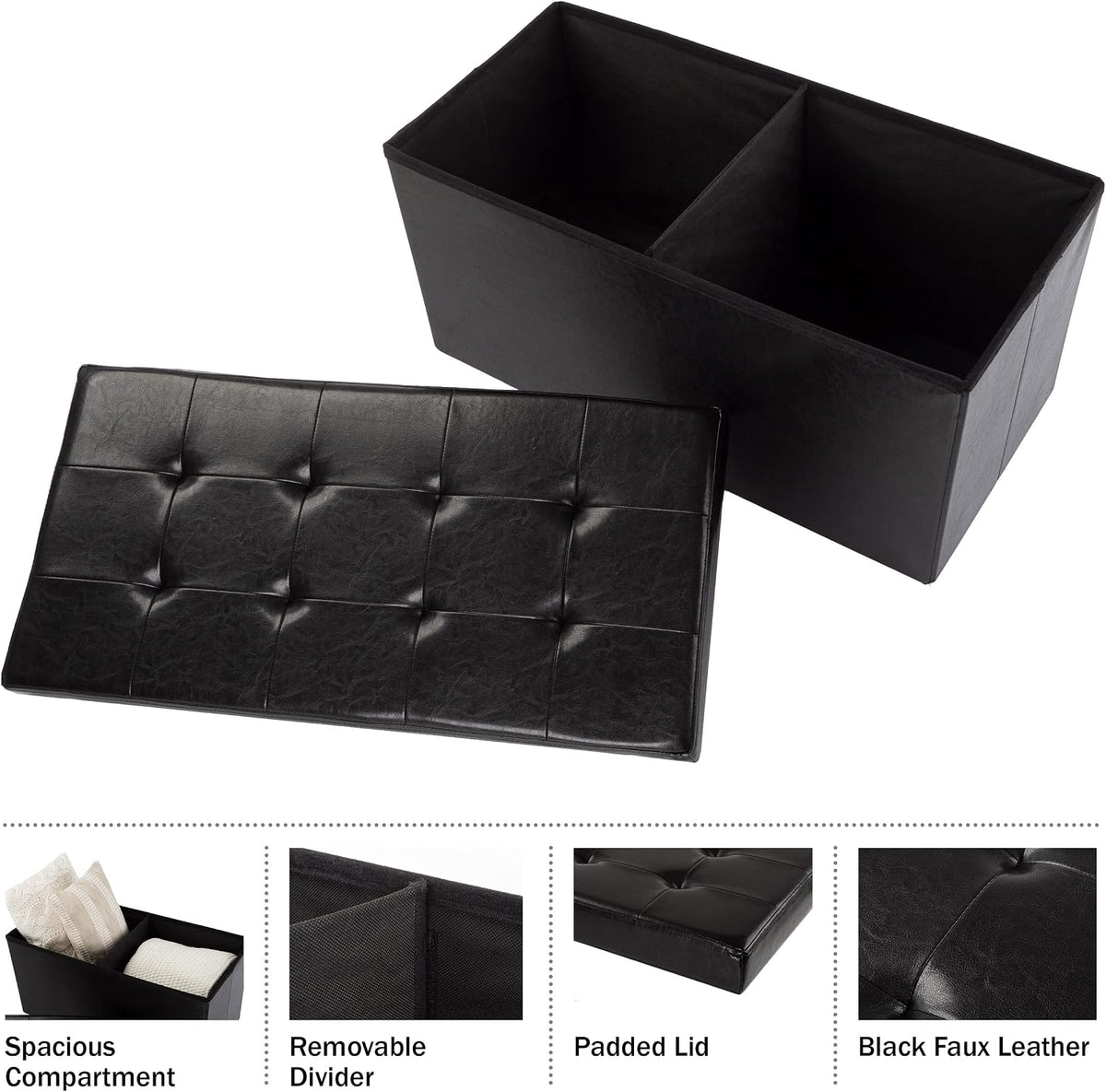 Lavish Home Storage Ottoman - 30-Inch Folding Faux Leather Footrest, Linen Chest, or Bench with Removable Bin for Living Room or Bedroom (Black)