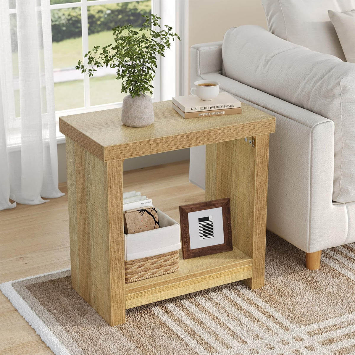 End Tables Set of 2 for Living Room, Narrow Side Tables with Storage Shelves, Square End Table for Bedroom, Slim Nightstand, Skinny Rectangle Accent Table, Farmhouse Bedside Table, Natural (2 Pieces)