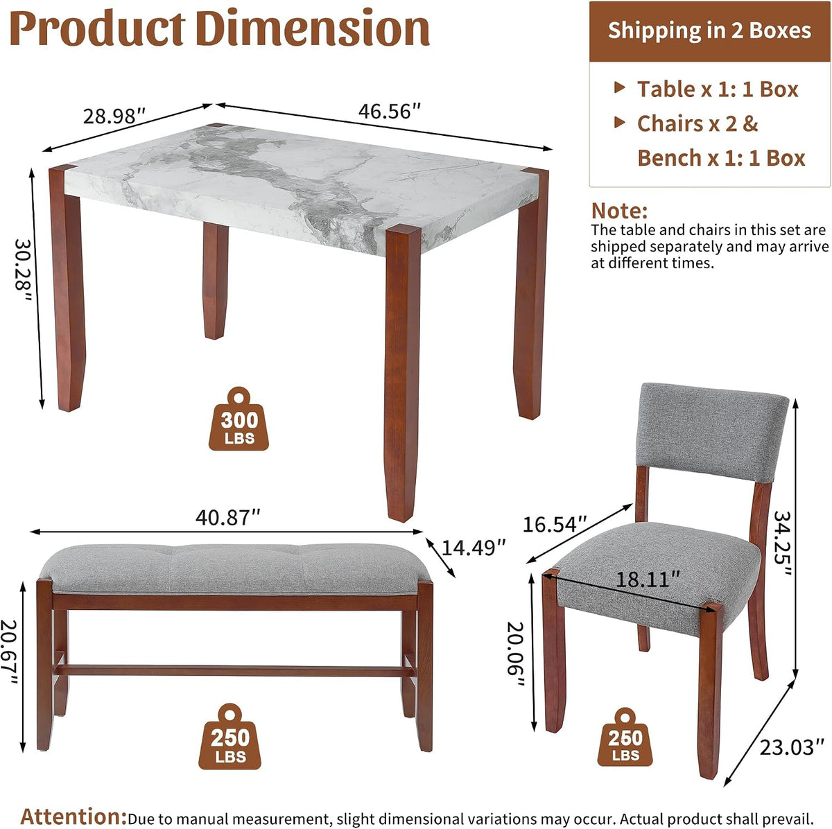 Merax 4 Piece Dining Table Set, Faux Marble Table and 2 Upholstered Chairs 1 Bench, 4 Person Dinette Set for Kitchen, Dining Room, Space-Saving, Gray
