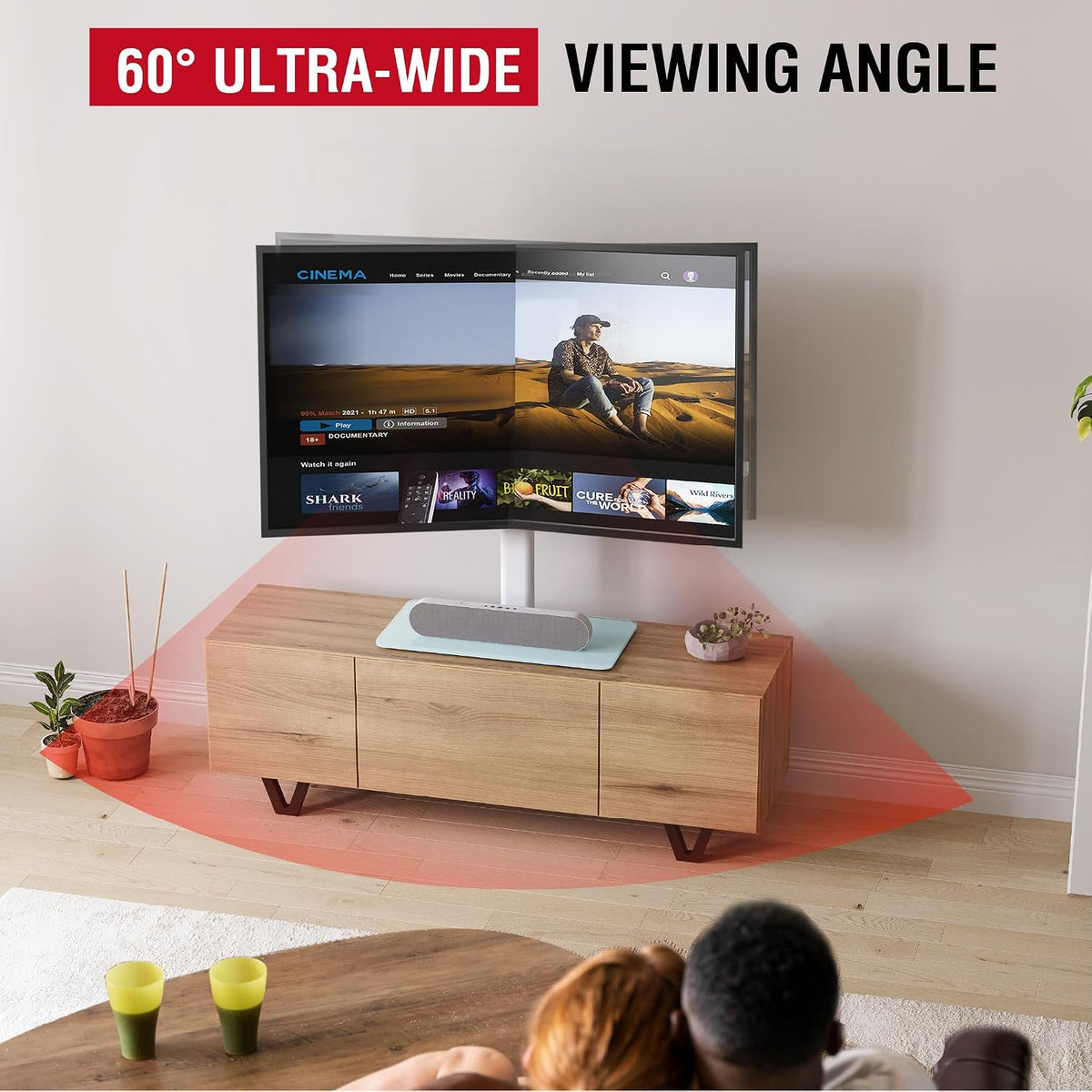 Swivel Universal TV Stand for 32-75 inch TVs with Tilt Down/Up, 8 Levels Height Adjustable Table Top TV Mount Stand with Stable Heavy Duty Tempered Glass Base, MAX VESA 600x400 mm up to 99lbs, White
