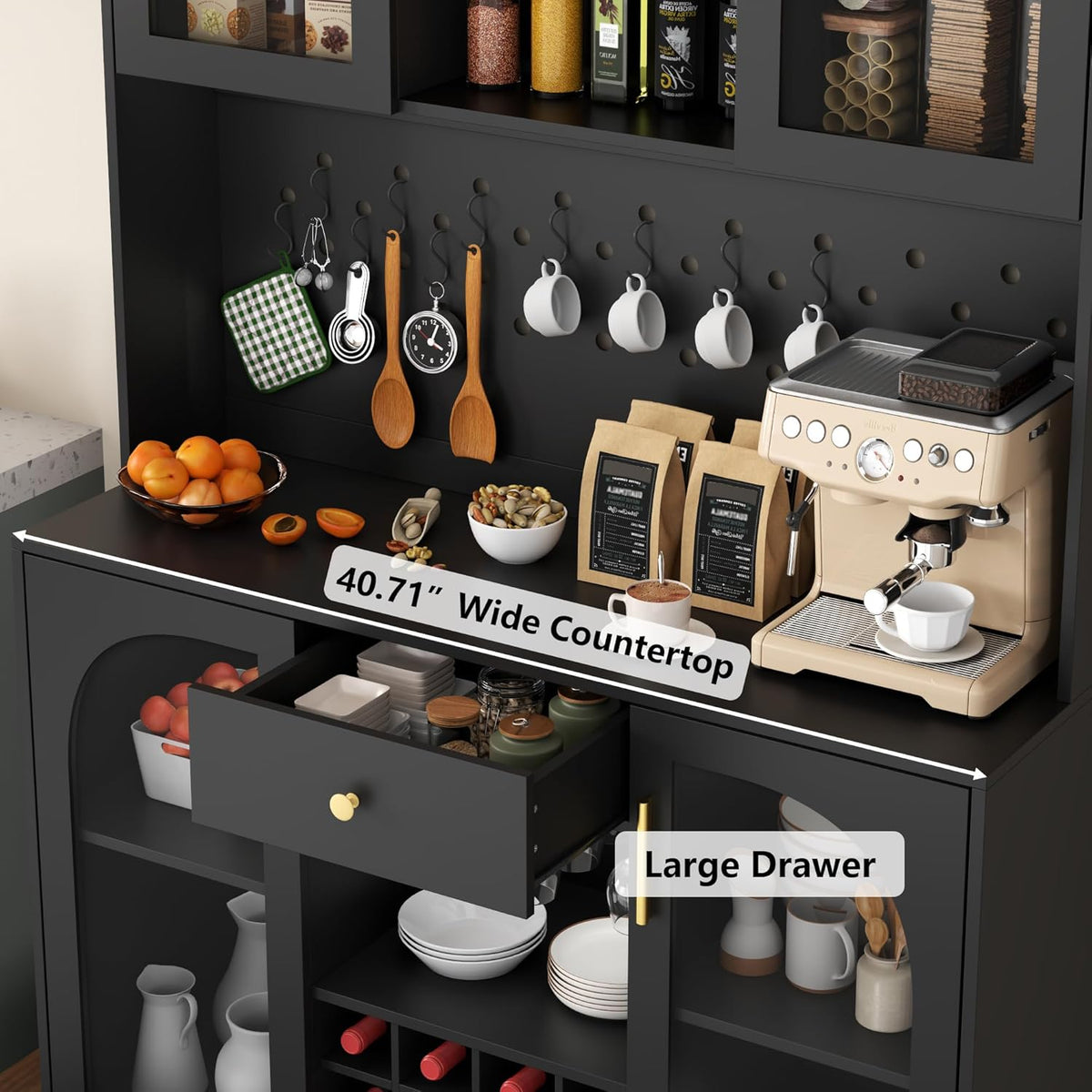 72'' Tall Kitchen Pantry Storage Cabinet with Led Light - Black Pantry Cabinet with Storage Drawers & Pegboard, Kitchen Hutches Cabinets with Wine Racks & Glass Door, Wine Bar Cabinet for Living Room