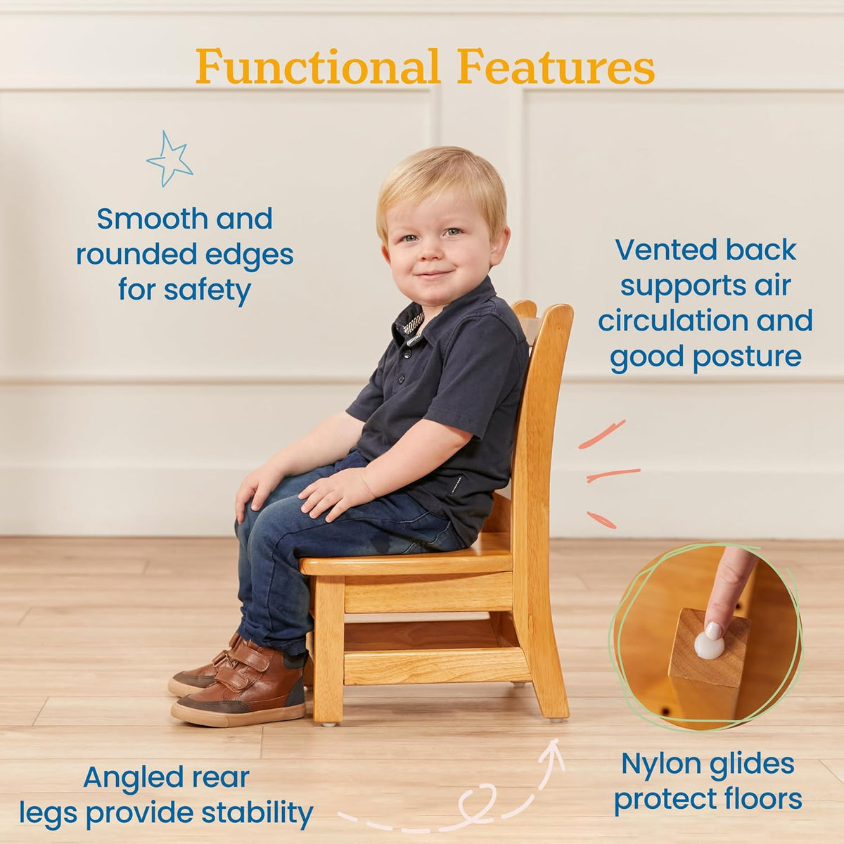 ECR4Kids 30in x 30in Square Hardwood Table with 16in Legs and Two 8in Chairs, Kids Furniture, Honey, 3-Piece | Durable rubberwood, GREENGUARD Gold Certified, ANSI/BIFMA Compliant, 2-3 years, 74 lb seat capacity, classroom & home use