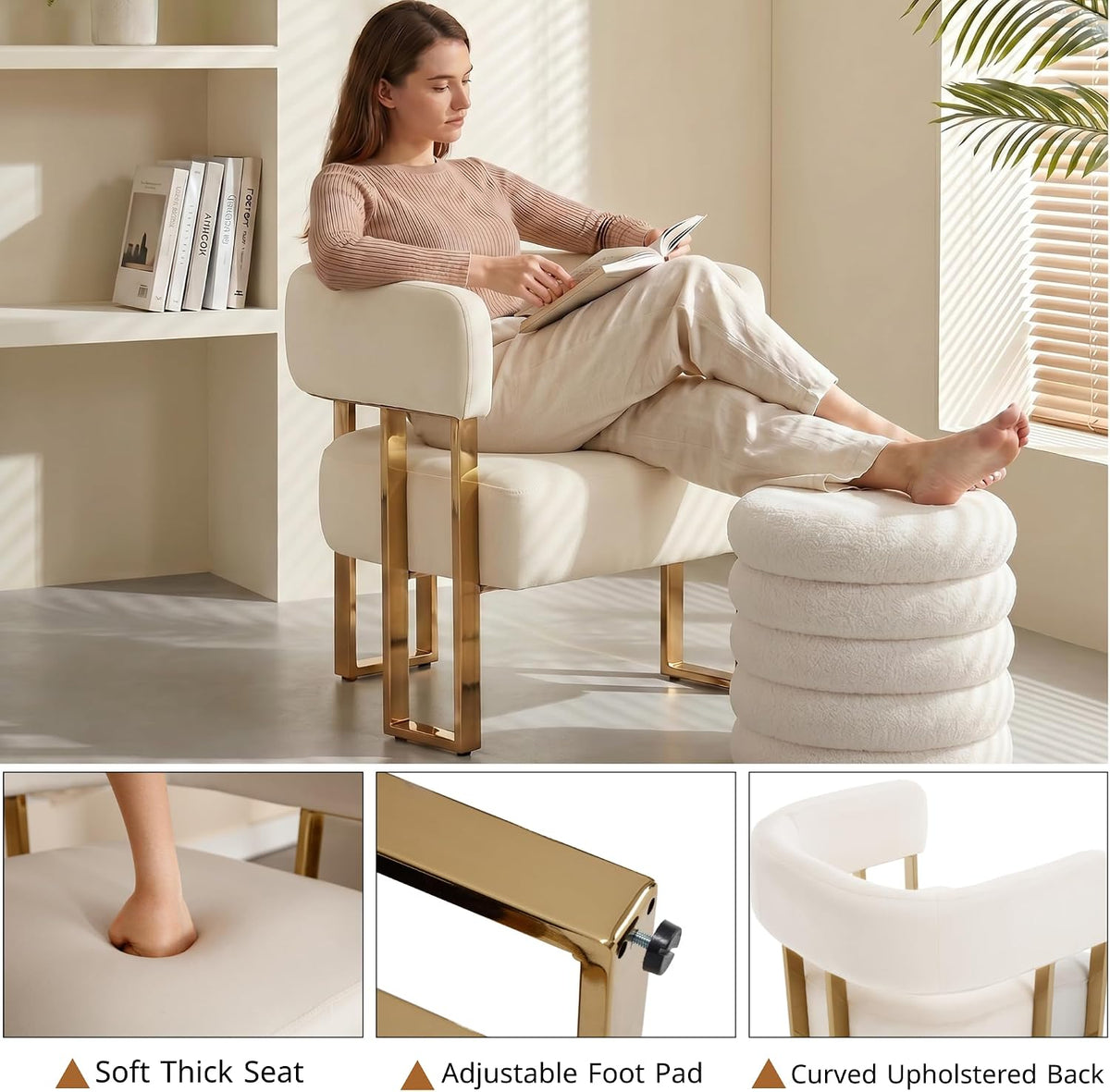 Modern Barrel Accent Chairs Set of 2, Living Room Side Chairs with Golden Metal Legs, Soft Velvet Reading Armchairs for Bedroom, Upholstered Club Chairs for Reception Room/Office, Ivory