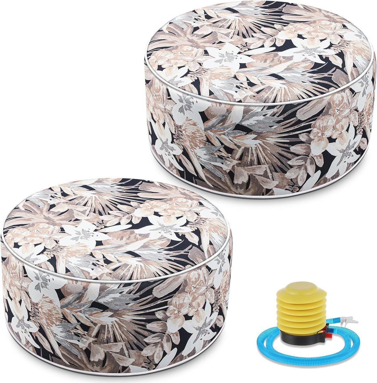 Cinnvoice 2 Pcs Inflatable Outdoor Ottoman Pouf Waterproof Round Footrest with Handle D21 x H9 Inch Indoor Outdoor Portable Footstool for Patio Garden Camping or Home Pool(Flower)