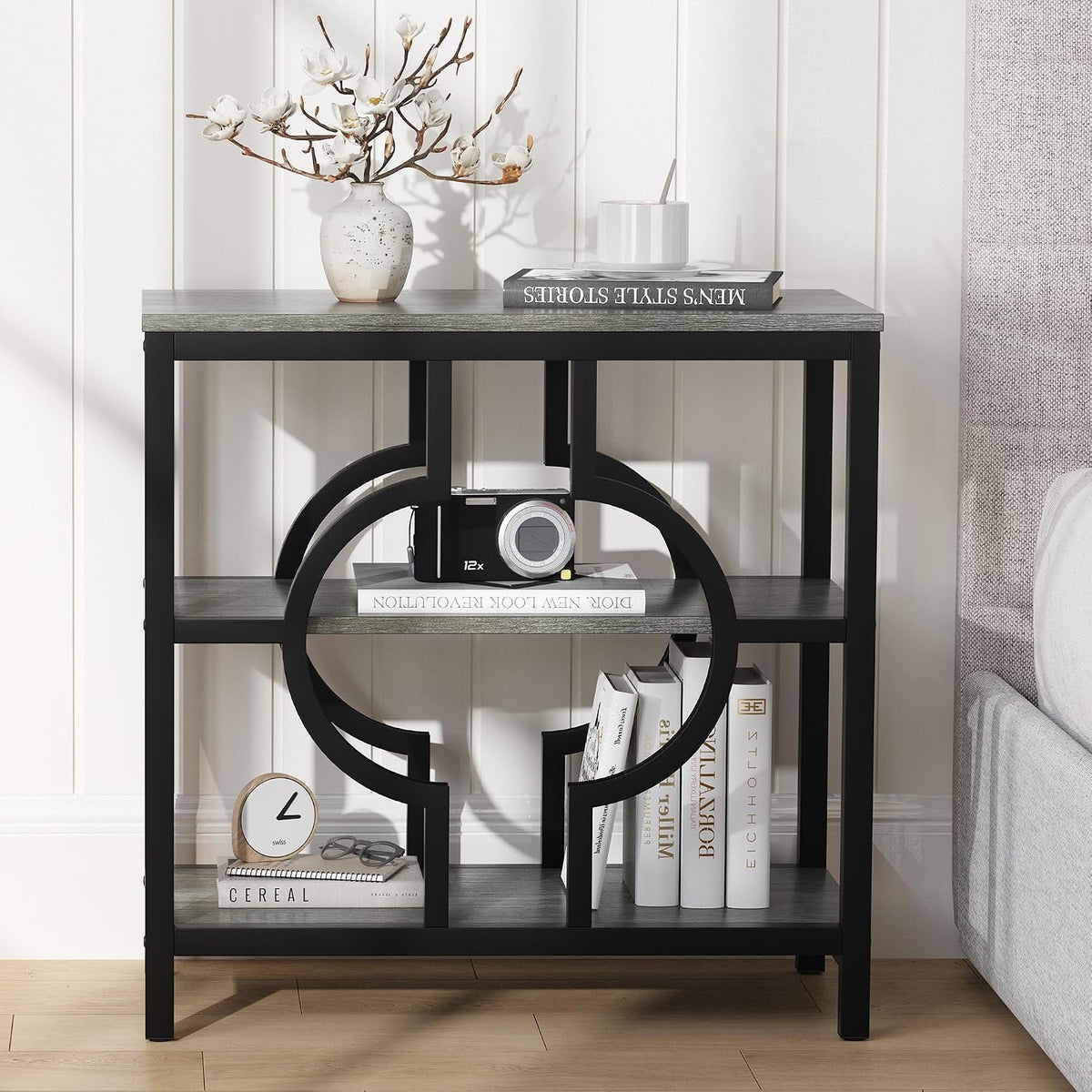End Table, Narrow Side Table with 3-Tier Storage Shelves, Wood Sofa Side Table with Geometric Metal Frame for Living Room, Industrial Bedside Nightstand for Bedroom (1, Gray)