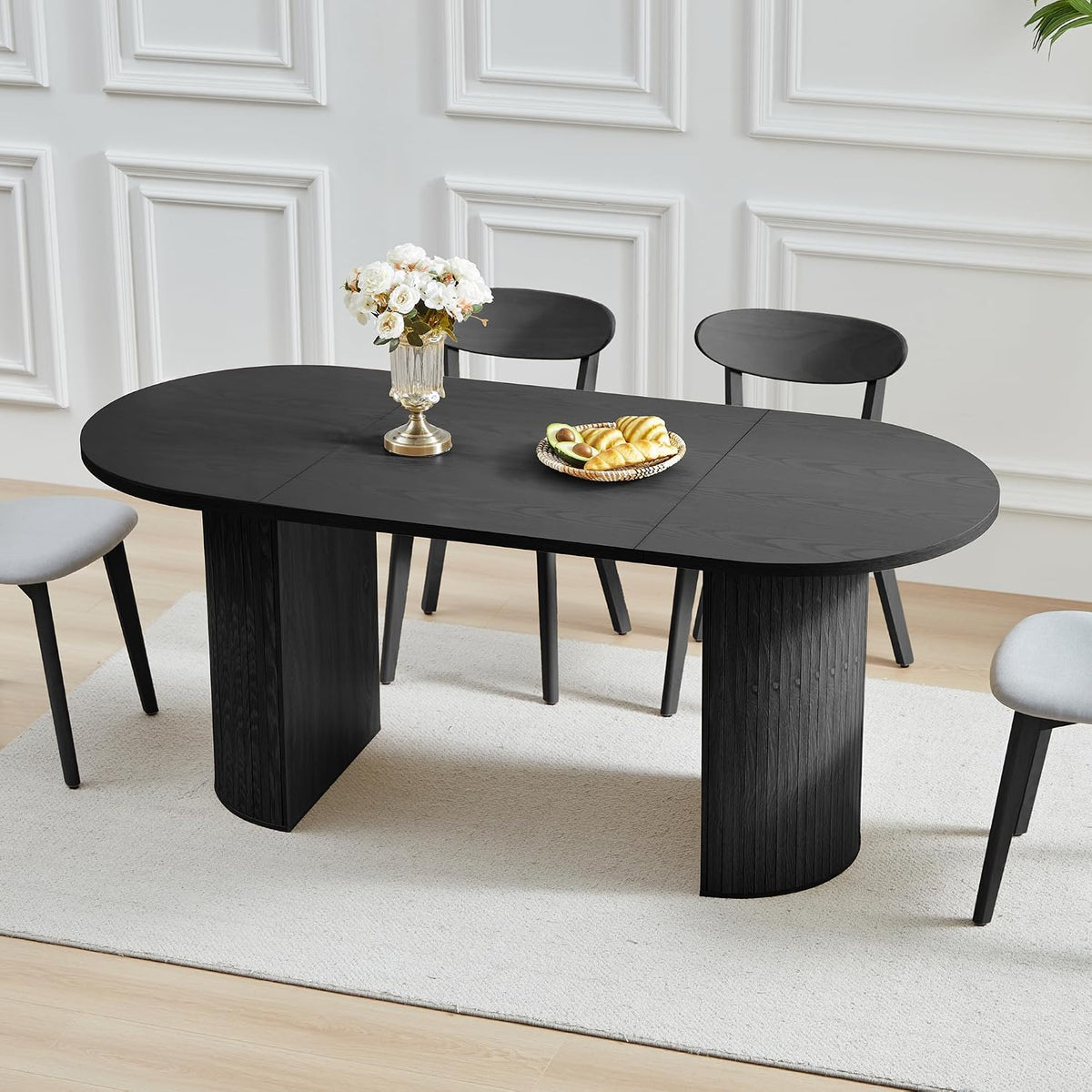 70.8 Inch Dining Table for 4-6 People, Oval Kitchen Table with Semi-Cylindrical Legs Base, Modern Farmhouse Round Dinner Tables for Dining Room Kitchen Living Room (Black)