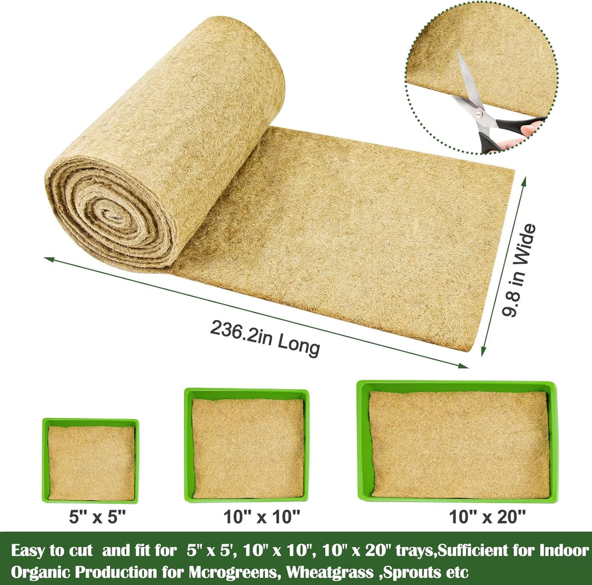 1Roll 10" X 236" Microgreen Growing Mat Hemp Fiber Grow Mats Microgreens Growing Kit Jute Hydroponic Pads Indoor Organic Production for Microgreen Starter Tray Wheatgrass Sprouts