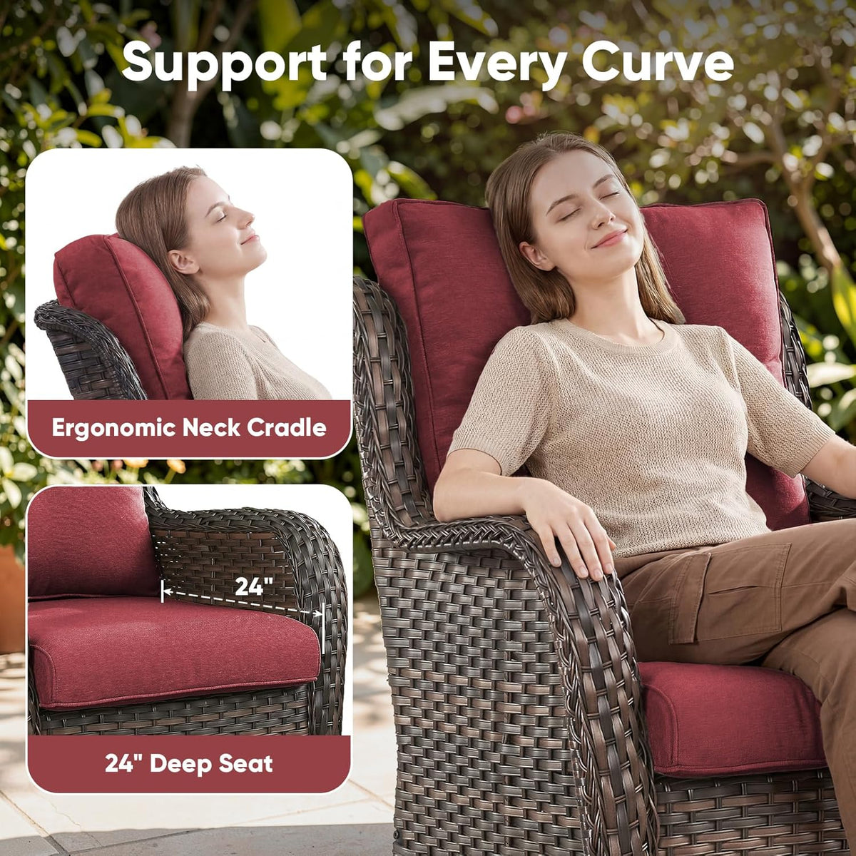 Belord Outdoor Swivel Chairs Set of 2,Patio Wicker Rocker Chairs,All Weather Patio Conversation Furniture Set, Ideal for Porch Balcony Deck Yard, Brown Wicker/Red