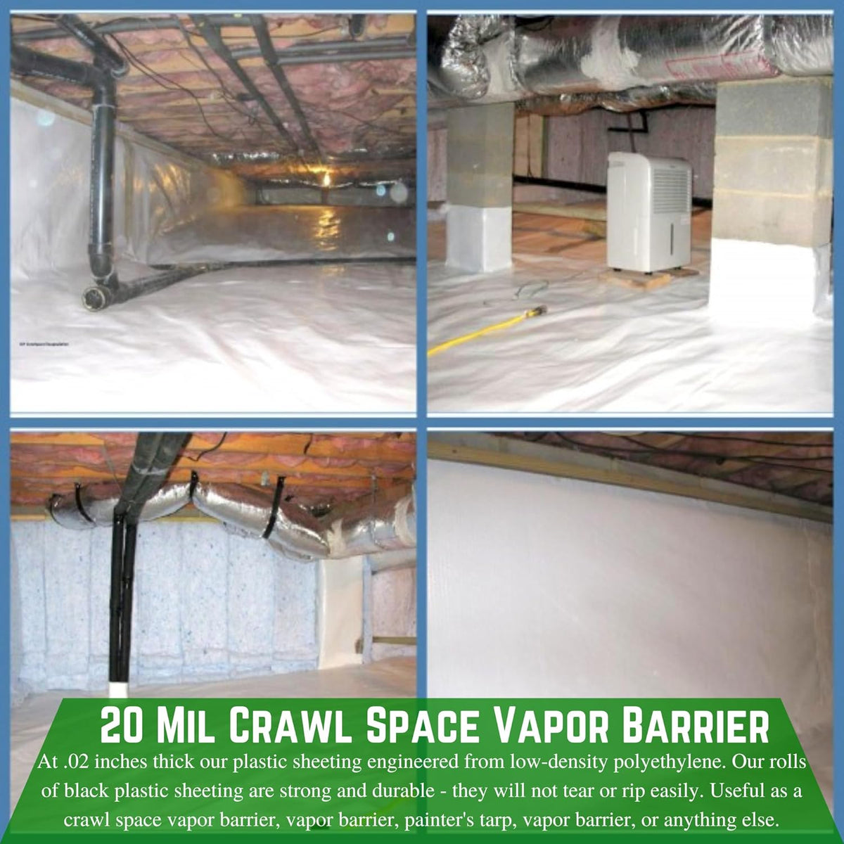 Farm Plastic Supply - Crawl Space Vapor Barrier, 20 mil - Thick Plastic Sheeting, Drop Cloth Moisture Barrier for Crawl Space Encapsulation, Heavy Duty Polyethylene, Black & White Film (24' x 50')