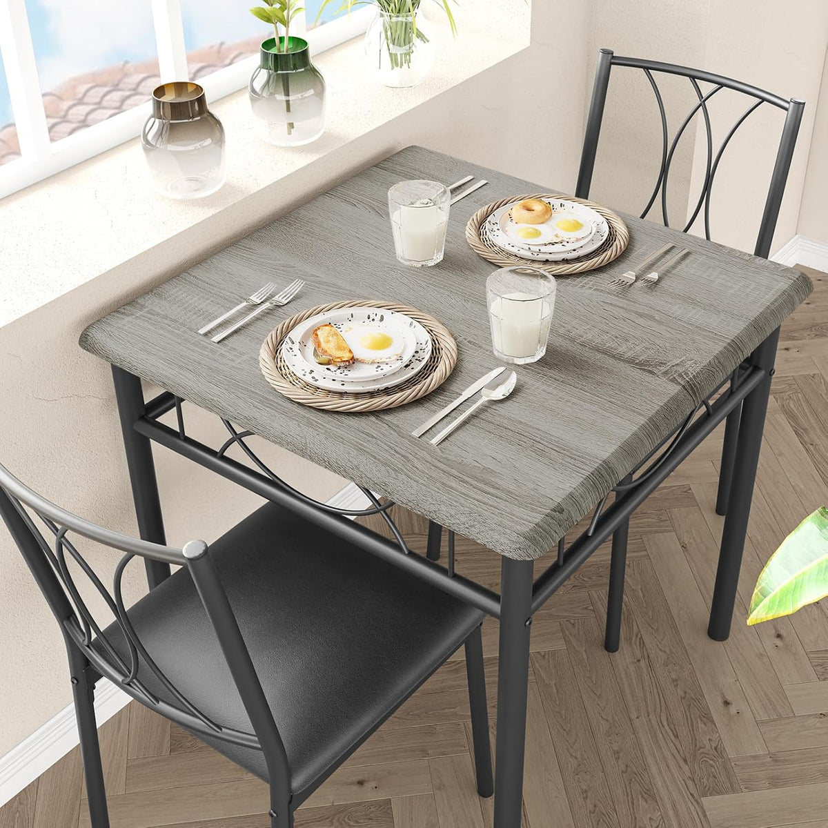 Dining Table Set for 2, Kitchen Table with 2 Upholstered Chairs, Wood 3-Piece Kitchen Dining Room Table Set for Apartment, Small Space, Space Saving, Retro Gary