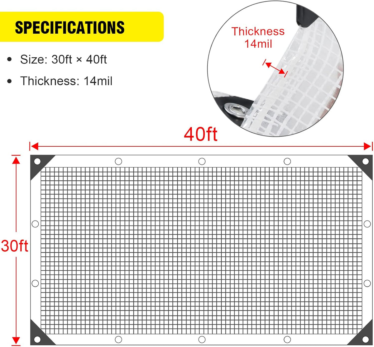 Clear Greenhouse Heavy Duty tarp 14 Mil Clear Waterproof Cover,UV Resistant Poly Tarp with Grommets 30x40ft Superior Strength,for Gardening, Farming, Nursery, Garden