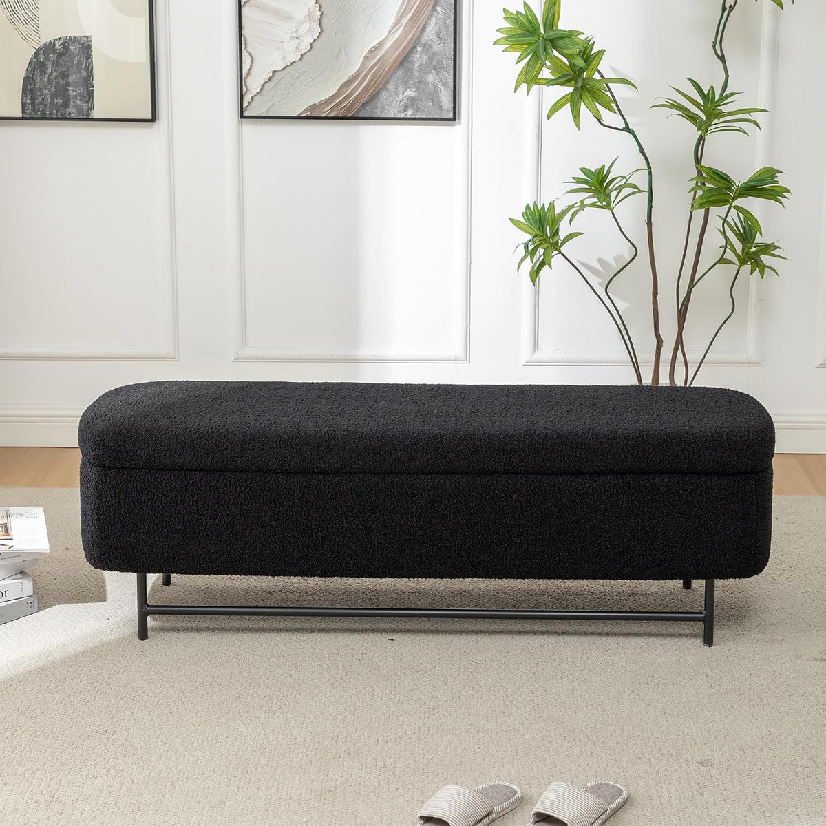 56" Boucle Storage Bench for Bedroom, Upholstered Teddy Ottoman Bench, Modern Extra Long Storage Bench for End of Bed/Entryway/Livingroom/Window (Black)