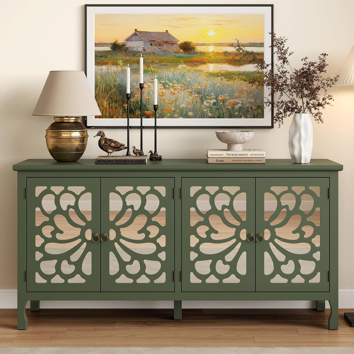 Fansafurn 63" Carved Buffet Cabinet with Mirrored Door, Modern Console Table with Storage and Adjustable Shelves, Wood Media Sideboard for Entryway, Living Room, Bedroom, Dining Room, Bathroom (Green)