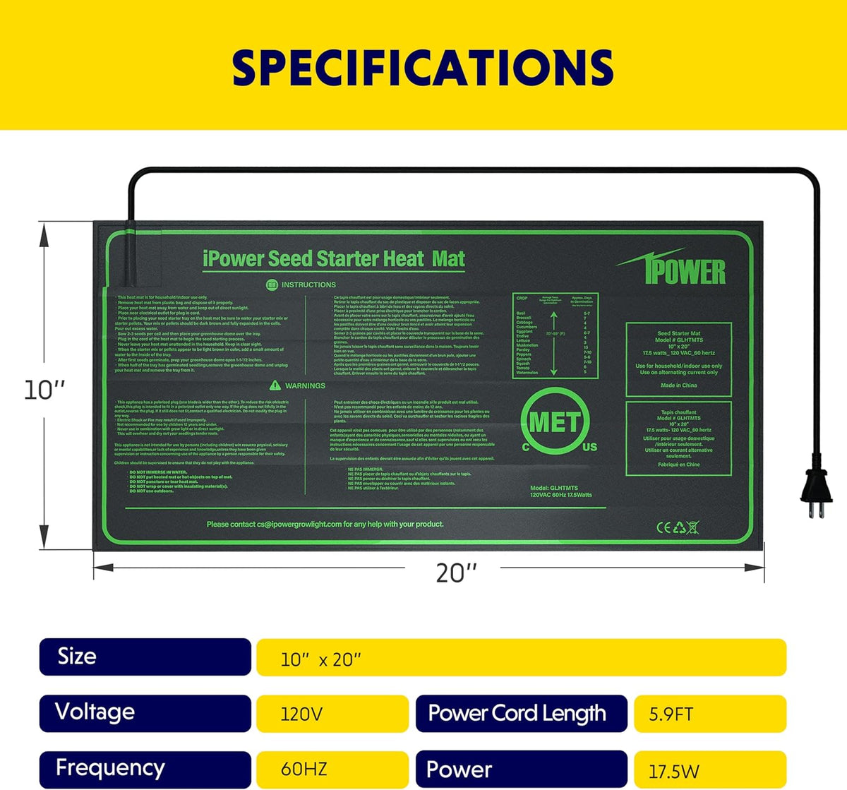 iPower Durable Seedling Heat Mat Warm 10" x 20" - 2 Pack Hydroponic Heating Pad Waterproof for Seed Starting Greenhouse and Germination