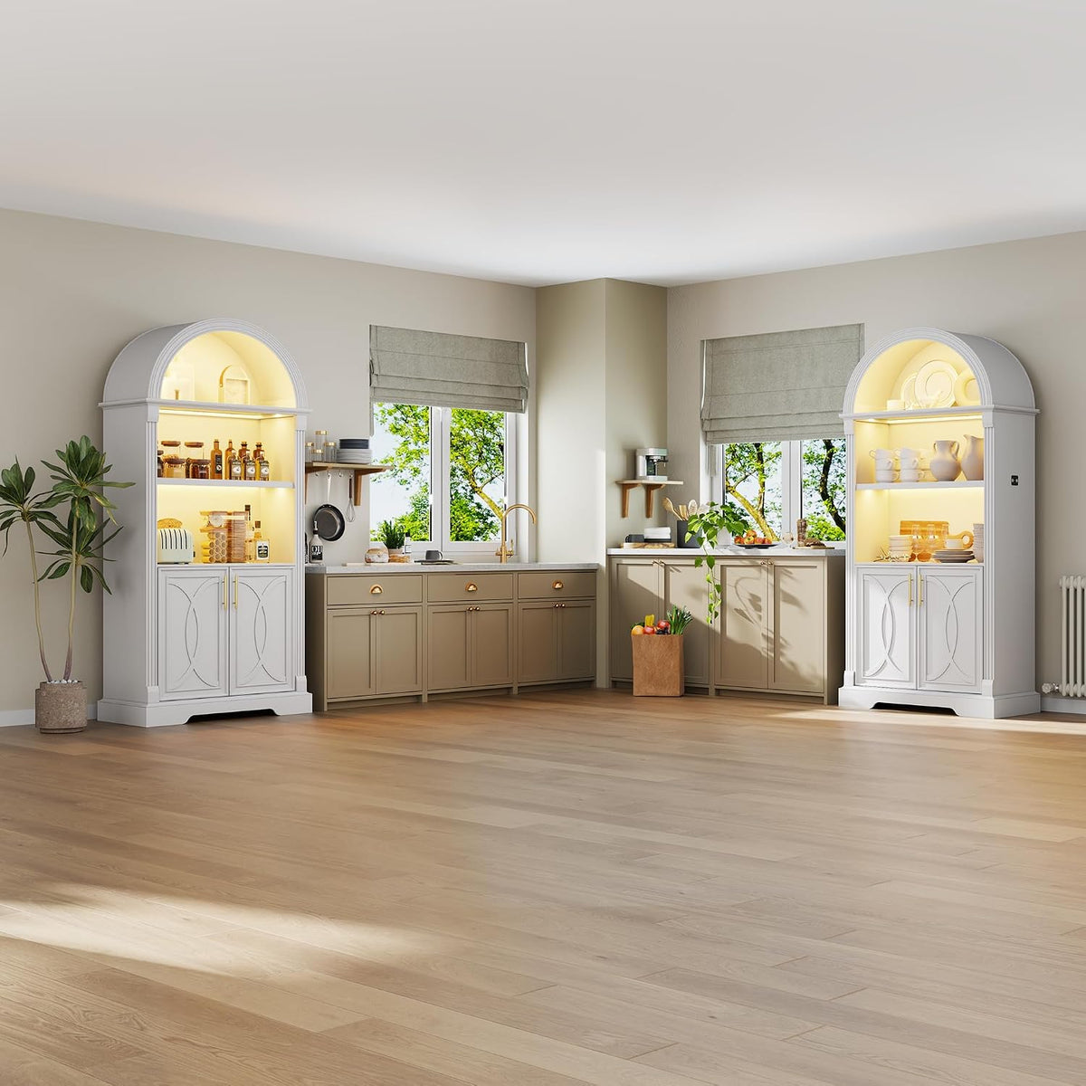 Vlsrka Kitchen Pantry Storage Cabinets with Adjustable Shelves, 71" Tall | Arched Wooden Cabinet with Doors, 3 Colors LED Lights, Motion Sensor, Freestanding, for Living/Dining Room, White