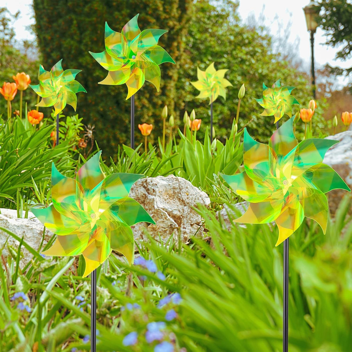 Hausse 10 Pack Reflective Pinwheels Wind Spinner, Extra Sparkly Pinwheel with Stakes, Bird Repellent Blinder Devices Deterrent to Scare Birds Away from Yard Patio Farm Garden, Transparent Yellow