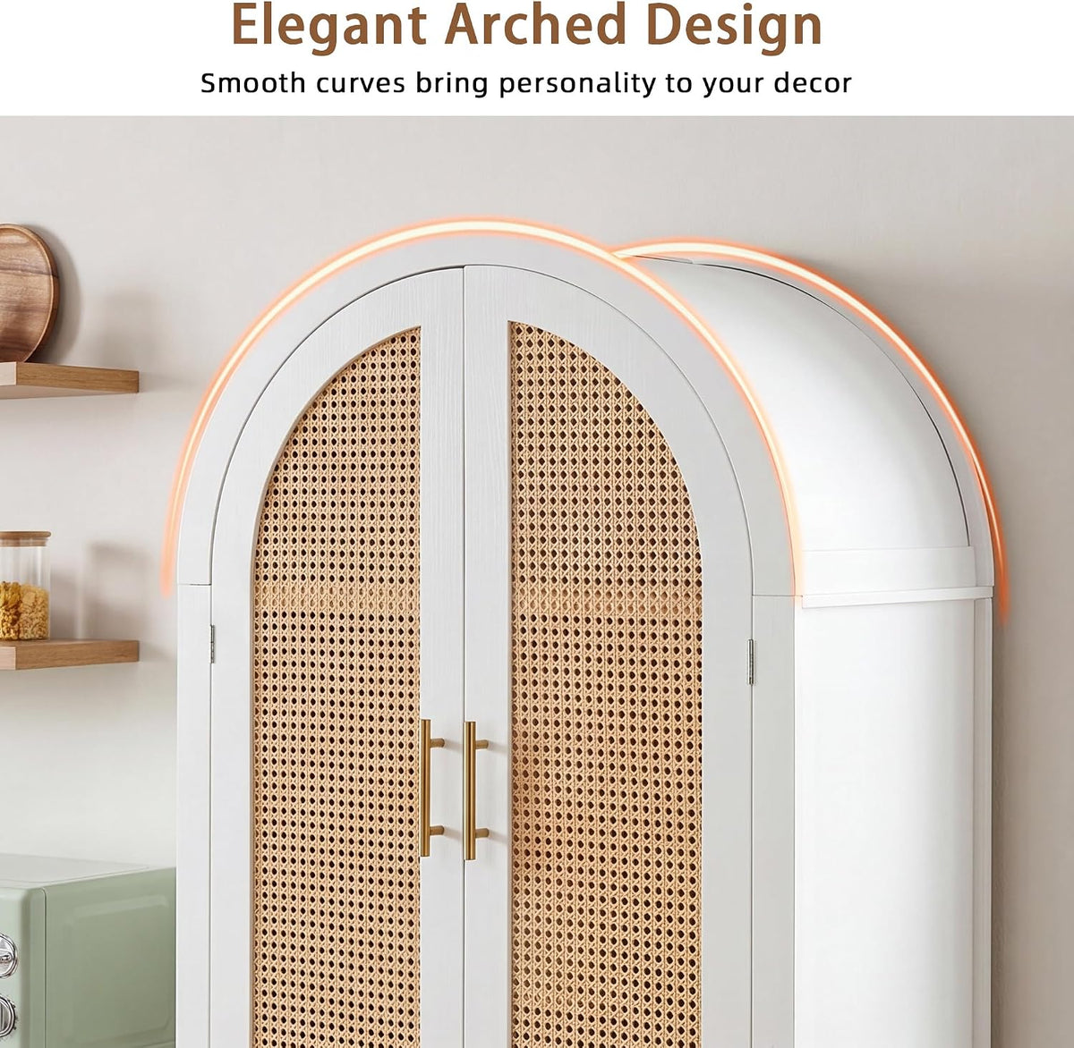 KEIKI 71" Tall Storage Cabinet with Arched Rattan Doors, Freestanding Floor Cabinet with Adjustable Shelves and Built-in Racks, Modern Farmhouse Organizer for Living Room, Kitchen, Study, White