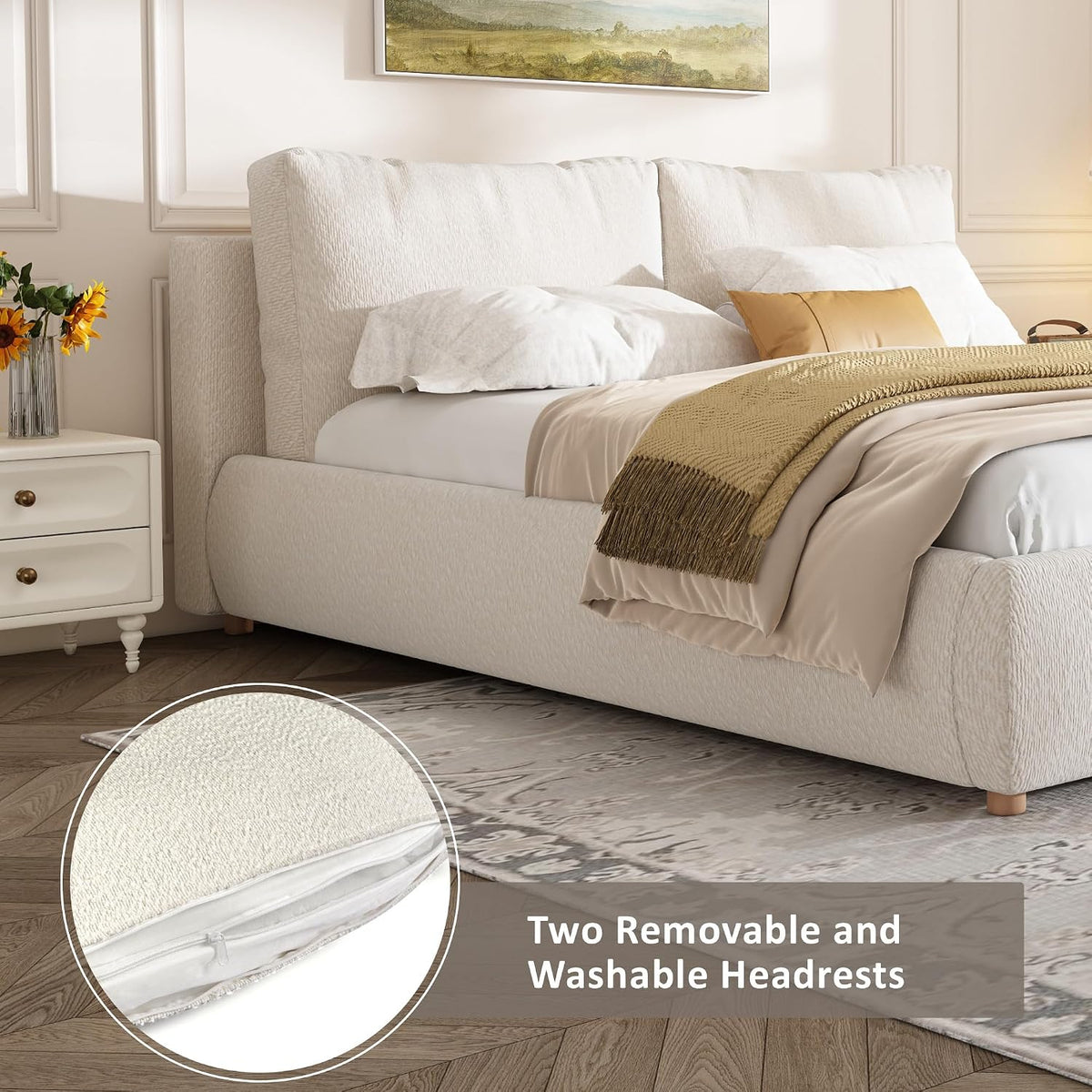 Merax Queen Boucle Platform Bed with 2 Removable Headboard Pillows, White