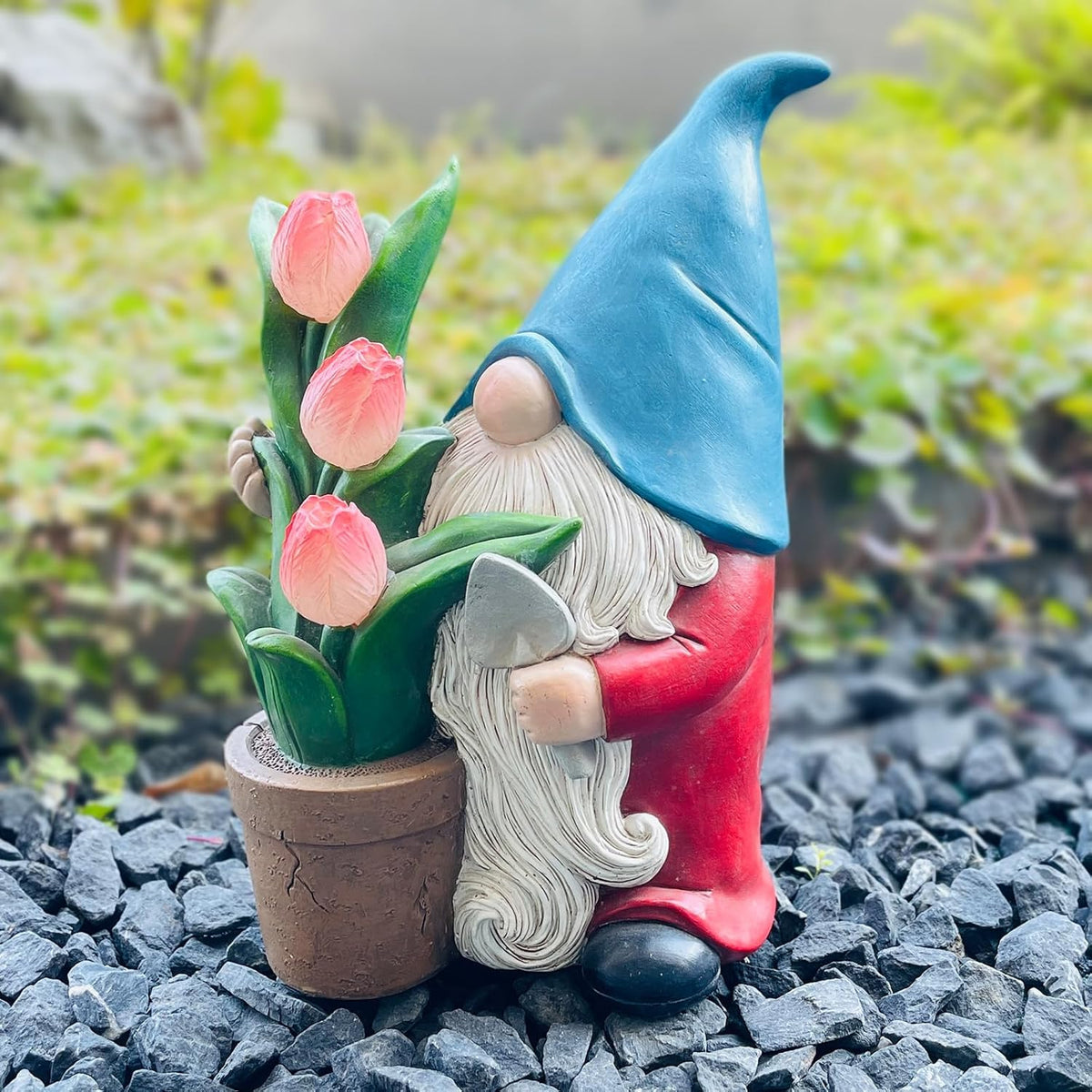 COWOS Garden Gnome Statue, Sculpture of a Dwarf Holding a Shovel and a Flower Pot, Solar Gnome Statues Outdoor Decor, Outside Lawn Patio Yard Ornament Gifts