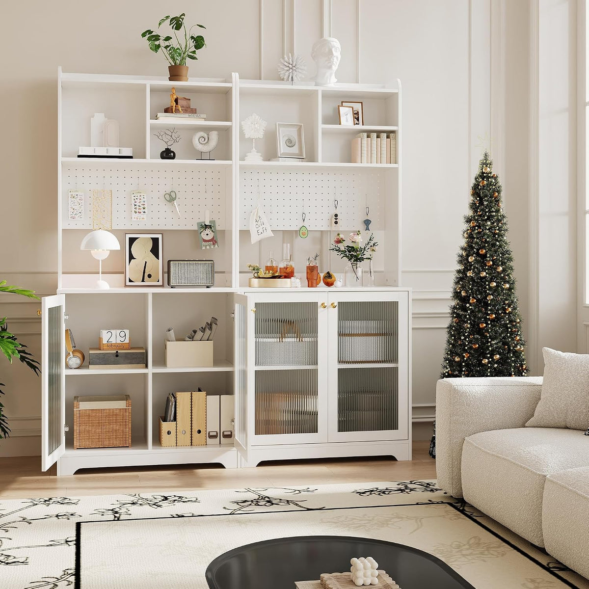 TrailBlaze Versatile Freestanding Kitchen Pantry Cabinet - 71" Tall Sideboard Buffet with Pegboard, 2 Glass Doors, Adjustable Shelves & 6 Hooks, Multi-Compartment Storage for Dining Room or Hallway