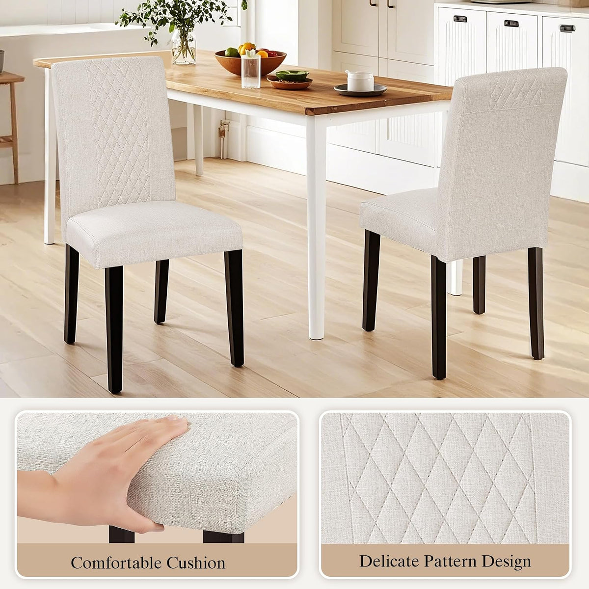VECELO Dining Chairs Set of 2, Upholstered Fabric Wood Legs High Back for Kitchen Living Room, Beige