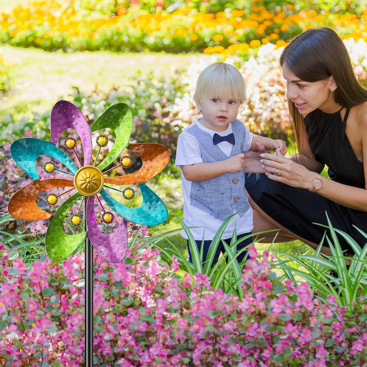 Metal Wind Spinners Outdoor, 360° Wind Sculpture Spinner with Metal Stake, Waterproof Spinners Green Kinetic Wind Spinner for Yard Lawn Decor (A- Colourful 2PC)