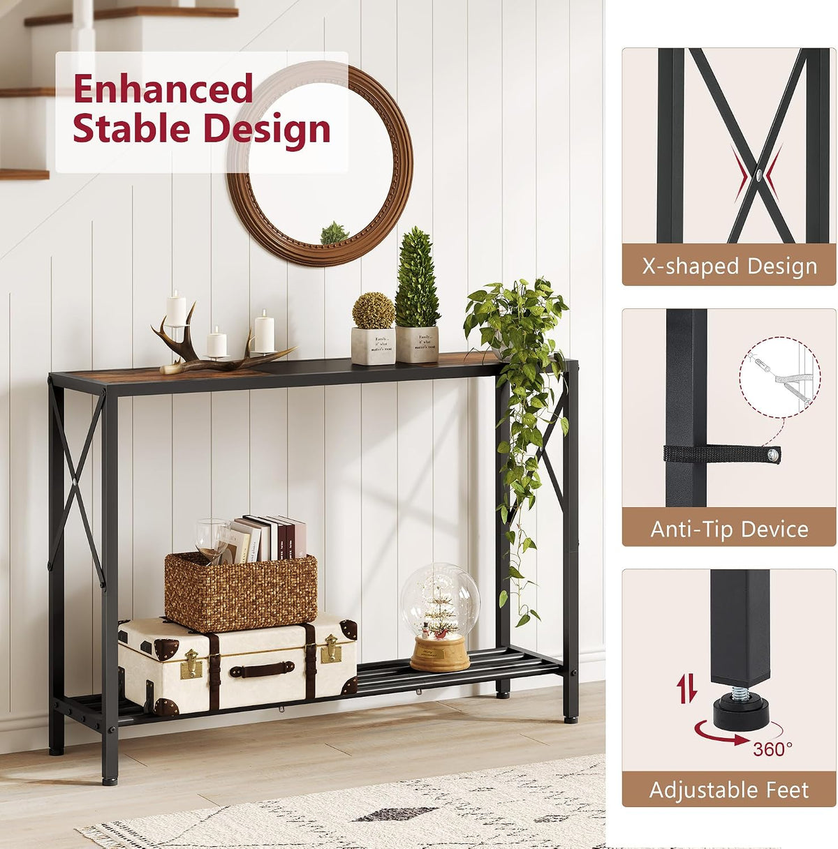 Tajsoon Console Table 41.8”, 2-Tier Industrial Entryway Table, Narrow Entrance Sofa Table with Shelves, Hallway, Living Room, Foyer, Corridor, Office, Rustic Brown and Black