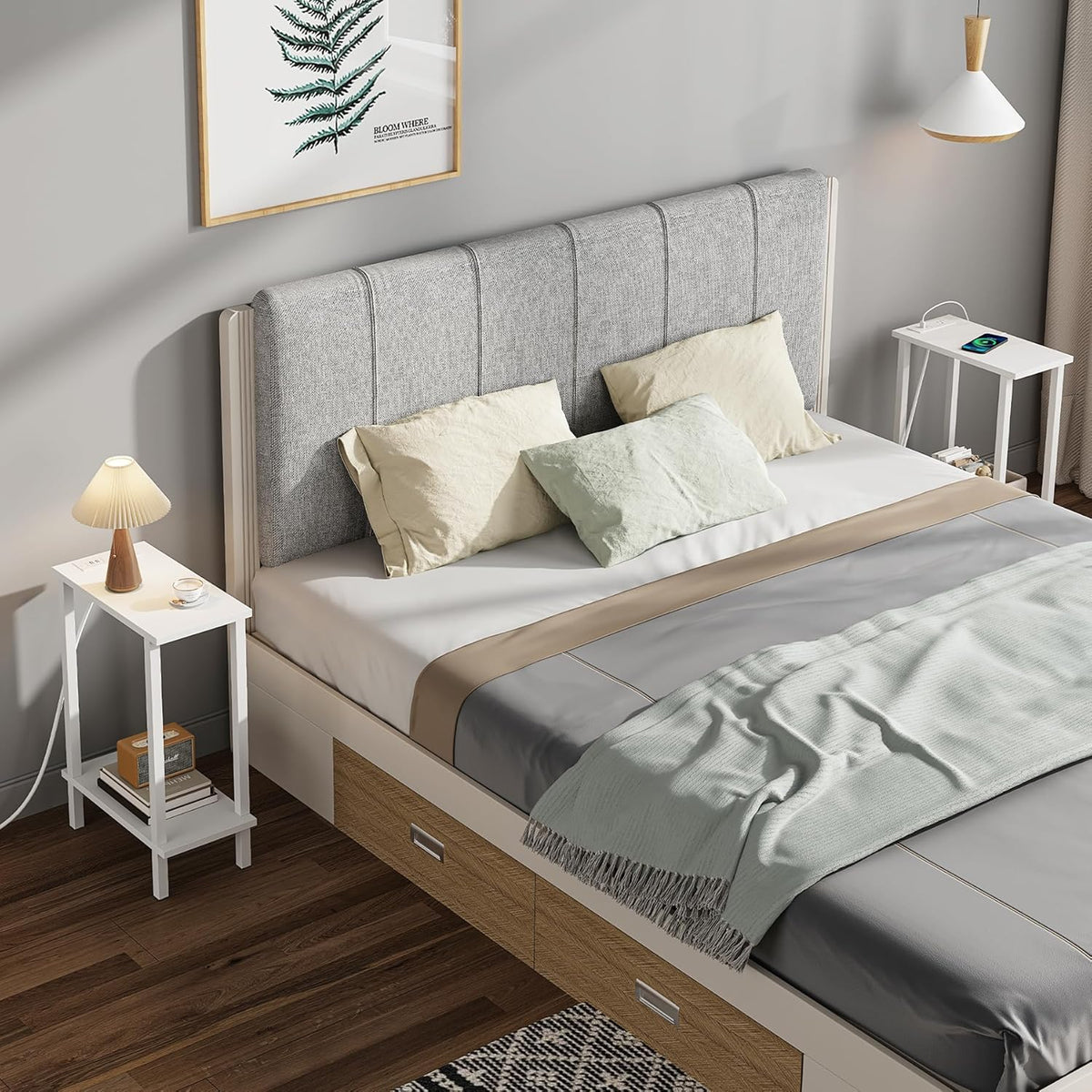 TUTOTAK Small End Table with Charging Station, Narrow Side Table with USB Ports and Outlets, Skinny Sofa Table, Slim Nightstand, Living Room, Bed Room, White TB01BW060