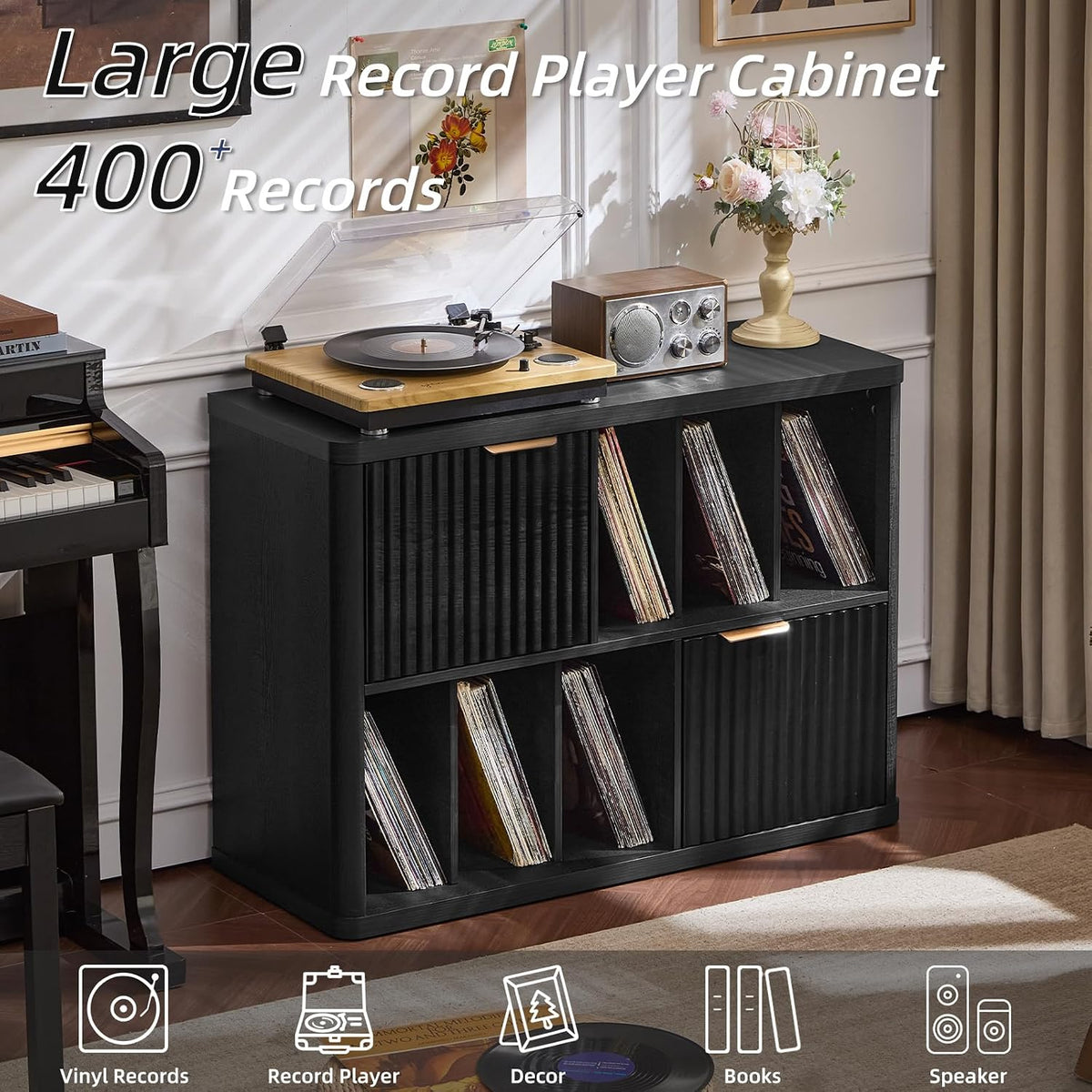 LEYAOYAO Large Record Player Stand with Vinyl Storage Up to 450 Albums, Wood Fluted Boho Record Storage Accent Cabinet, Modern Stereo Media Cabinets, Wide Turntable Stand for Living Room, Black Oak