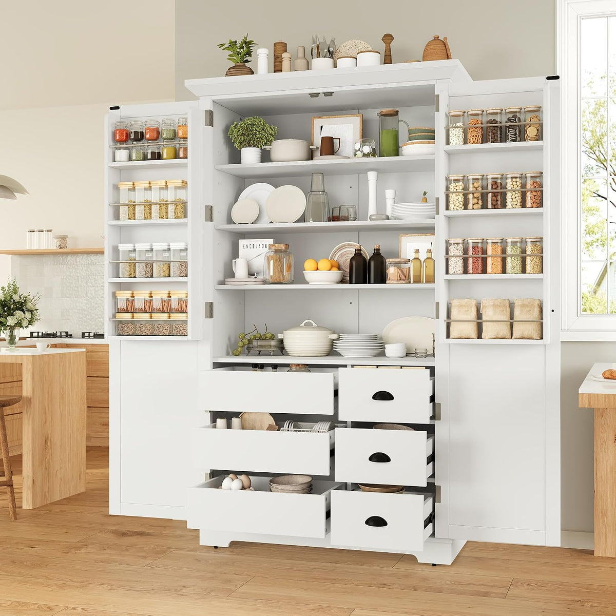 Merax 72" Tall Shaker Style Kitchen Pantry with 3 Drawers, Adjustable Shelves, Wood Cupboard Dining Storage Cabinet with Door Shelves and Pull-Out Trays for Living Room, Kitchen, Dining Room White