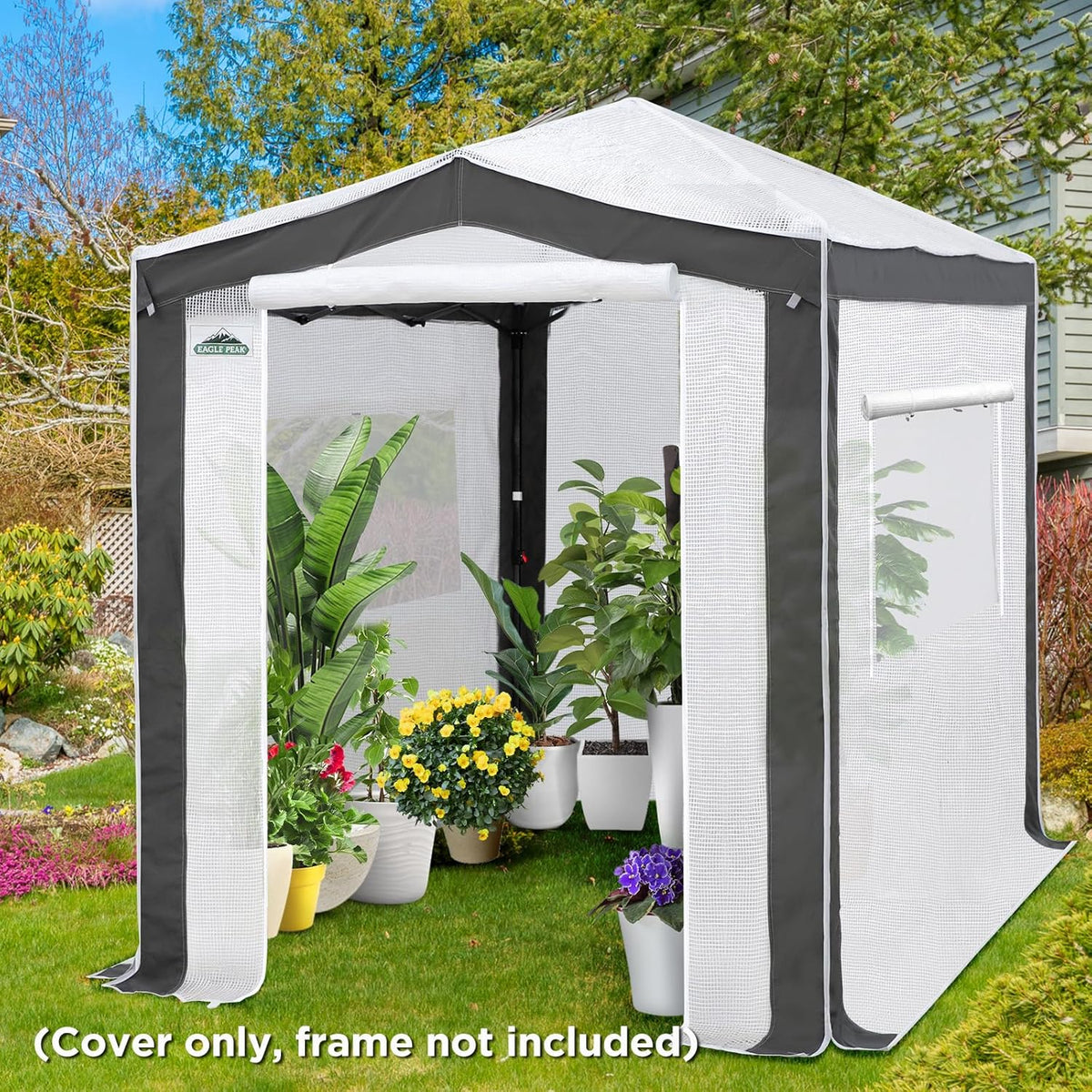 EAGLE PEAK Replacement Cover for 8x6 Pop up Greenhouse with Polyester Reinforced Corners, Front and Rear Roll-Up Zipper Entry Doors and 2 Roll-Up Side Windows (Frame Not Included), Gray/White