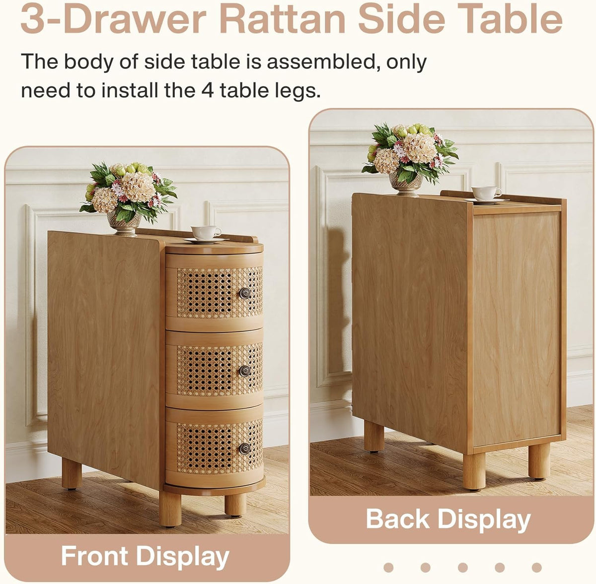 Tribesigns Solid Wood End Table, 3-Drawer Rattan Side Table, Night Stand with 3 Rattan Drawers and Embossed Handles for Living Room, No Assembly Required (1, Oak)