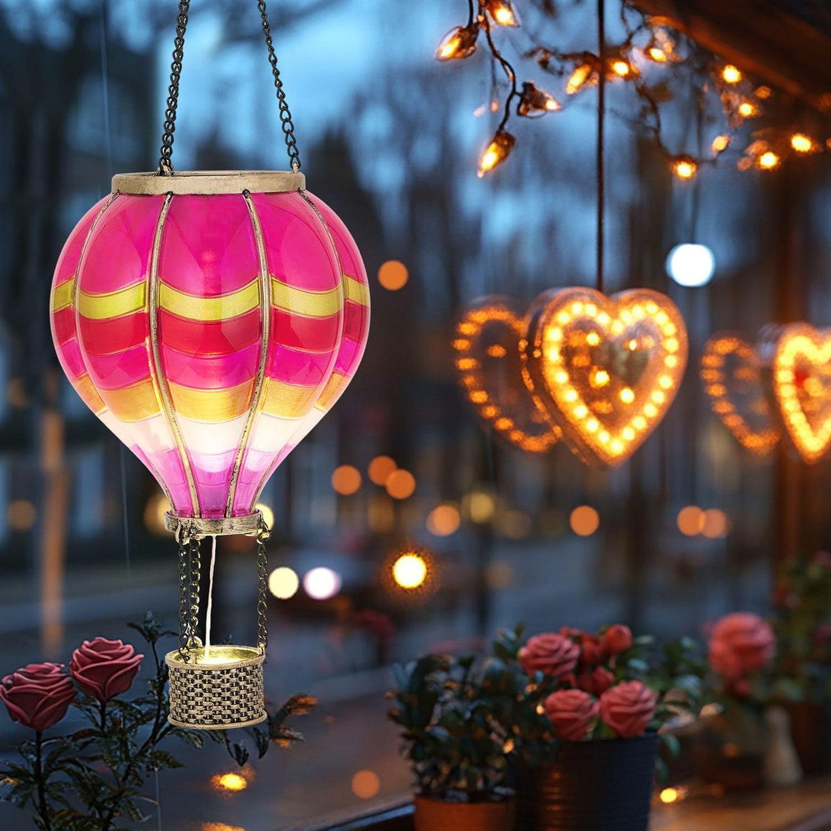 TERESA'S COLLECTIONS Hot Air Balloon Solar Lantern for Valentines Day Garden Decor,Hanging Flickering Flame Outdoor Lights for Trees, Pink Decorations for Party Gift for Mom