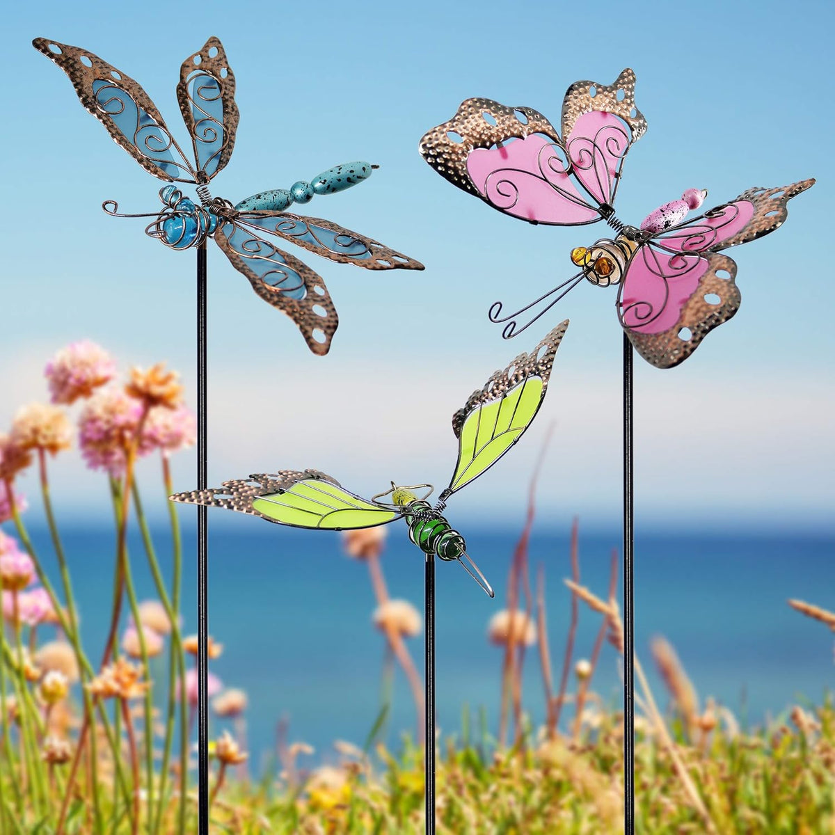 Juegoal 34 Inch Butterfly Garden Stakes Decor, Dragonfly Hummingbird Stakes, Glow in Dark Metal Yard Art for Mom, Mothers Day Ideal Gifts, Indoor Outdoor Lawn Pathway Patio Ornaments, Set of 3