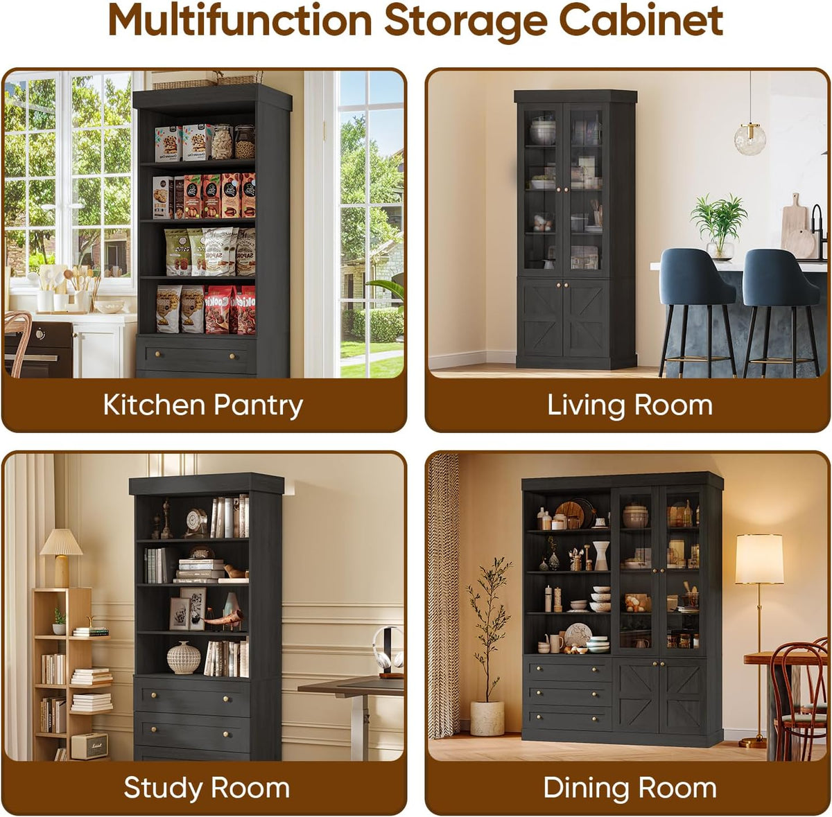 ivaniti 71" Tall Farmhouse Kitchen Pantry, Large Storage Cabinet with Glass Doors, Adjustable Shelves, 3 Drawer, Wood Versatile Hutch Cabinet for Dining Room, Living Room, Black 3 Pcs