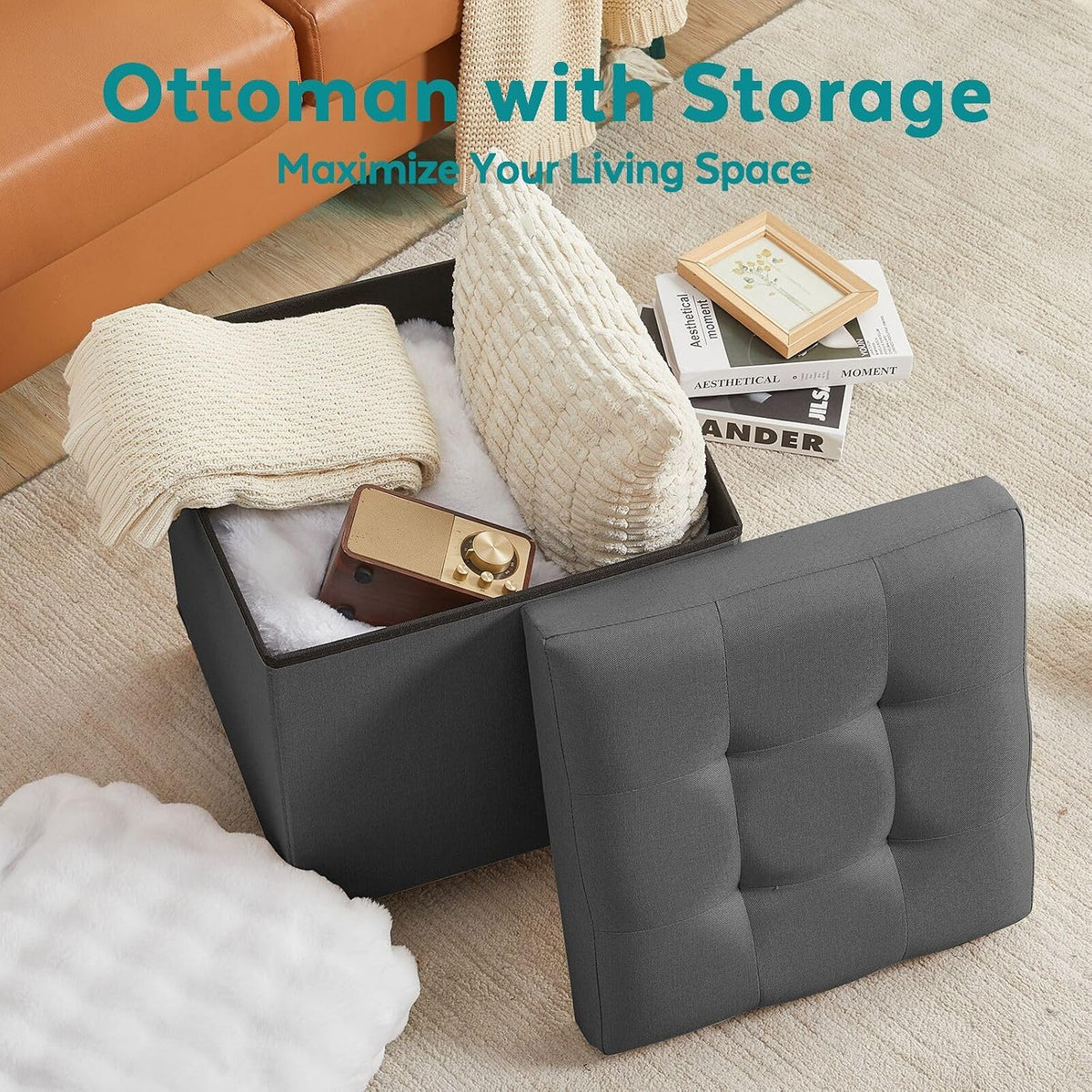 BRIAN & DANY Ottoman with Storage, Square Storage Ottoman for Dorm, Linen Folding Ottoman Foot Stool with Legs for Living Room and Bedroom, 17.7"x17.7"x20" - Gray