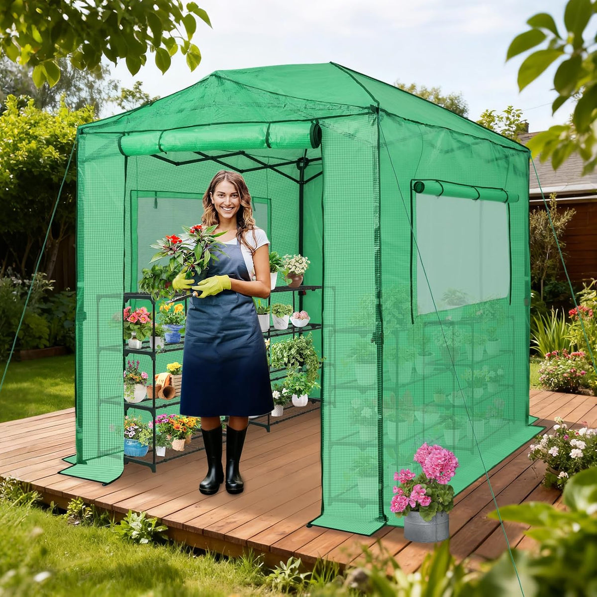 EAGLE PEAK Instant Pop-up Greenhouse, Indoor Outdoor Plant Gardening Green House, Roll-Up Zipper Doors and Side Windows, Walk in 8x6 ft, PE Cover, Green/Clear