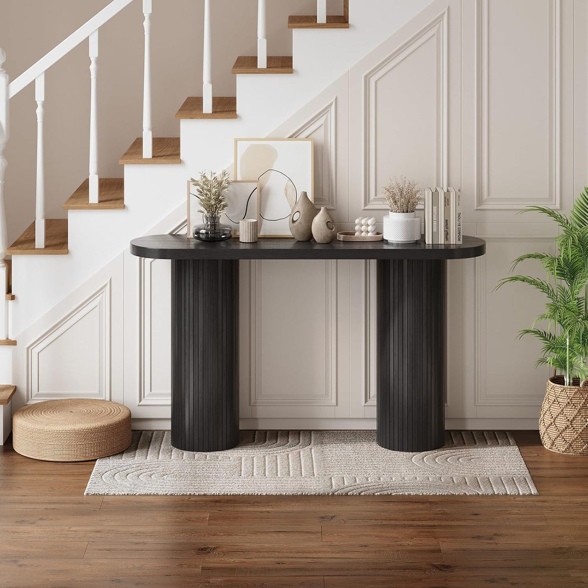 ONBRILL 55 Inch Fluted Entryway Table, Sofa Table Behind The Couch, Long Console Tables, Modern Entrance Stand for Hallway, Living Room Foyer, Farmhouse Style (Black)