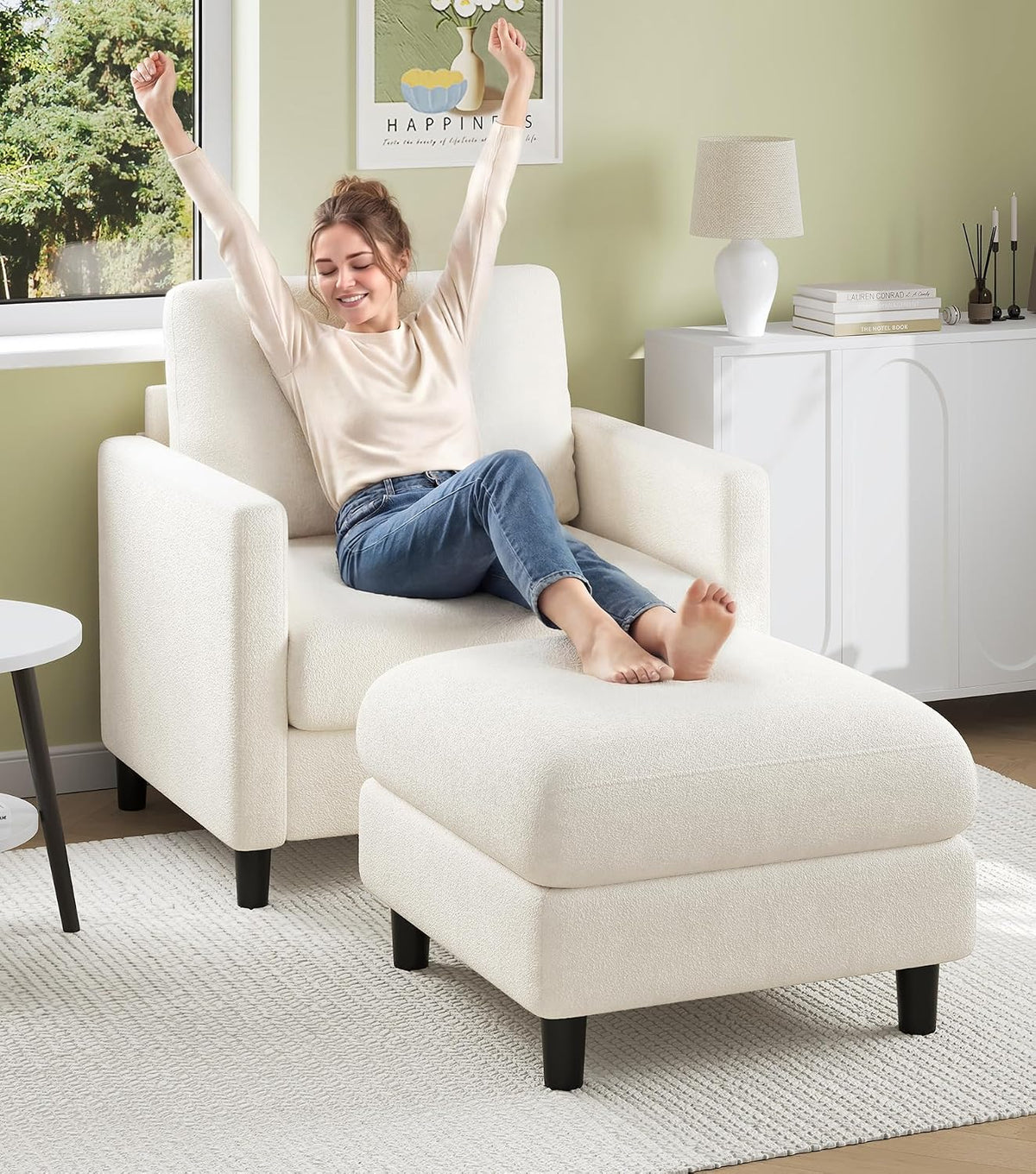 Welzona Sofa Accent Chair with Ottoman, 33" Teddy Reading Chair and Ottoman | Comfy Teddy Fabric, Tool-free Setup, Washable Covers, All-wood Chair and Ottoman Sets for Living Room, Bedroom, Beige