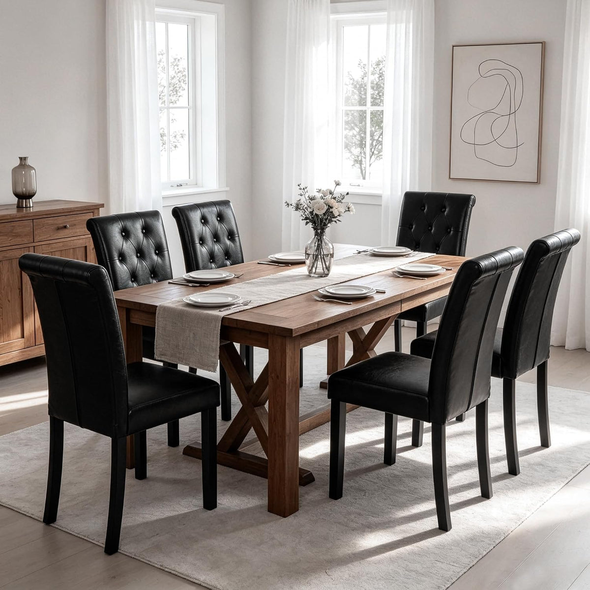 LSSBOUGHT Modern Tufted Dining Chairs Set of 6, Button Padded Leather Kitchen Chairs with Solid Wood Legs (Black, Set of 6)