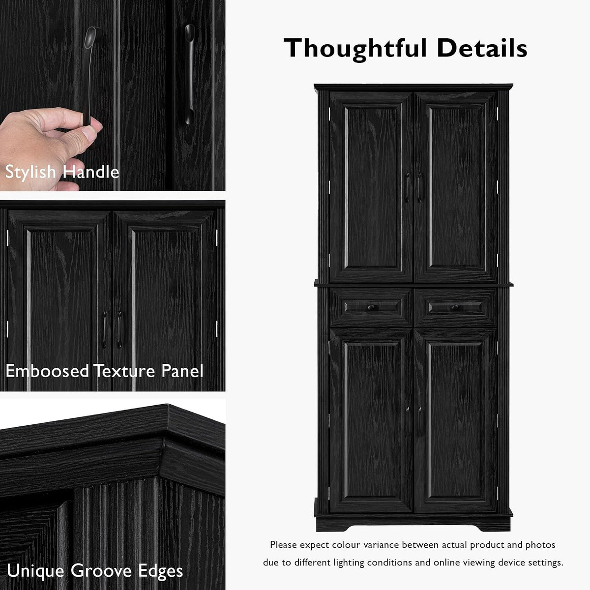 Ball & Cast 71" Farmhouse Kitchen Pantry Cabinet with 3 Pull-Out Organizers, Tall Storage Cabinet with 4 Doors, 2 Drawers, 6 Door Shelves & Adjustable Shelves, Freestanding Cupboard, Black