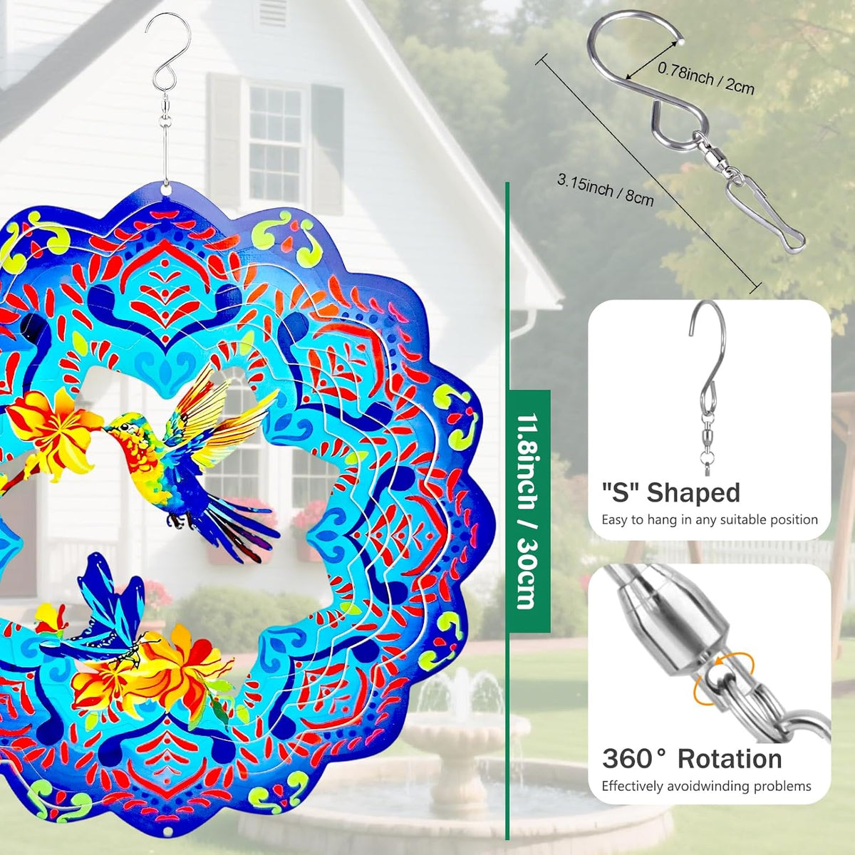 Wind Spinners 12 inch 3D Stainless Steel Laser Cut Metal Art Geometric Pattern Wind Sculpture Hanging for Garden Decorations Gifts Indoor Outdoor Blue