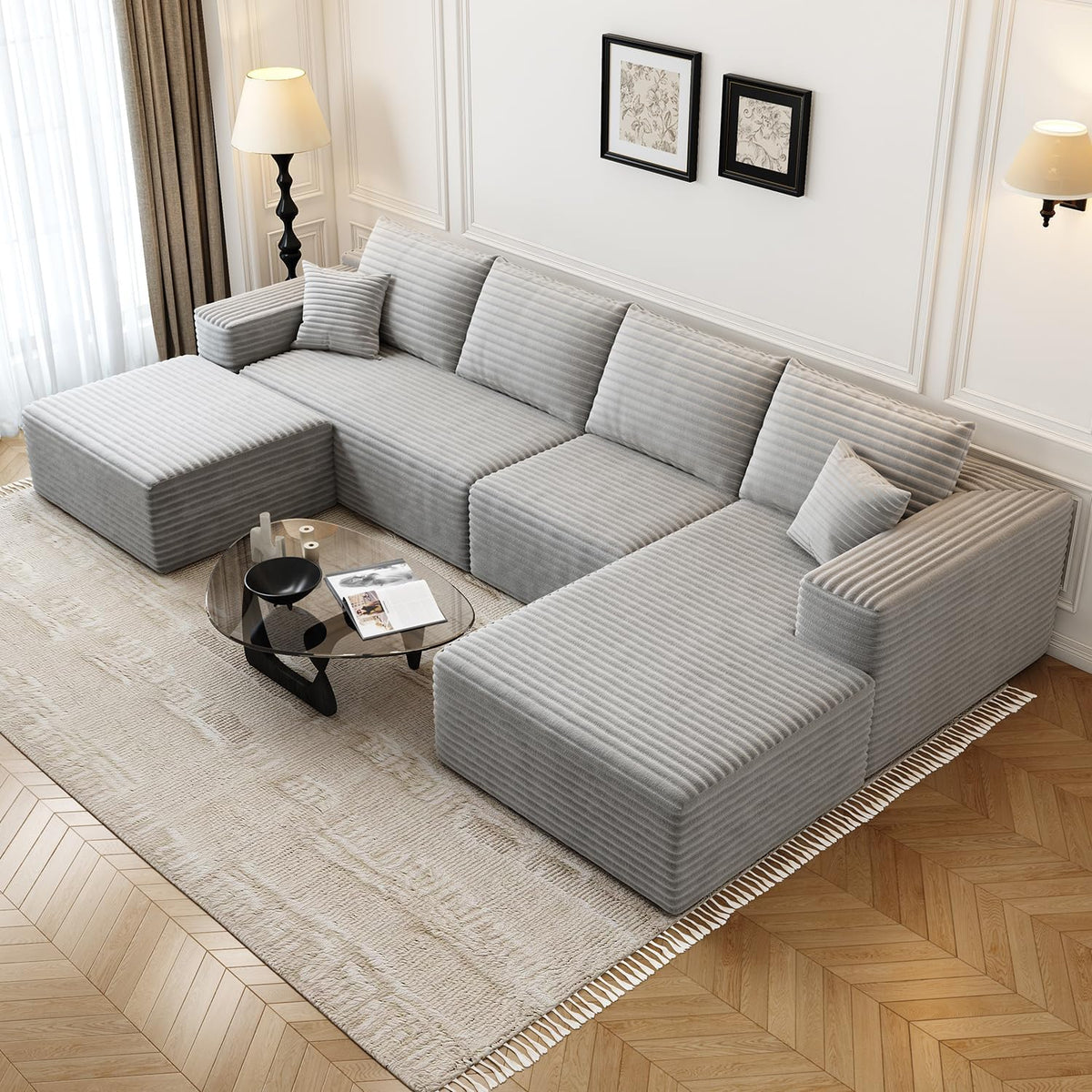 135.4" Cloud Modular Sectional Couch with 1 Ottoman,Modern Minimalist Upholstered Couches, Comfort U Shaped Sofa for Living Room,Deep Seat Corner Couch，No Assembly Required (Grey,Right Facing Chaise)